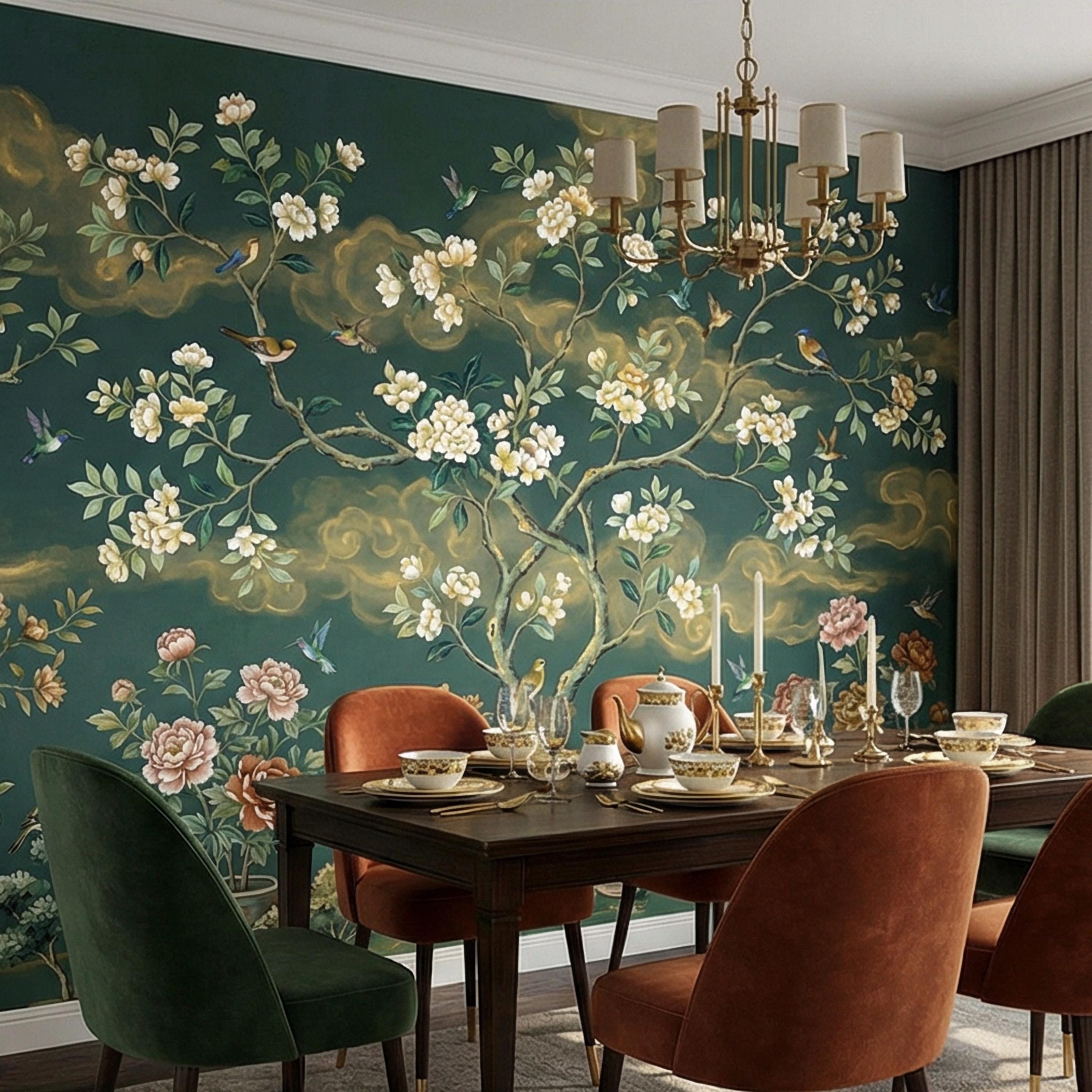 Vintage Emerald Green Chinoiserie Peel and Stick Wall Mural, Hand Painted Floral Bird Blossom Tree Garden Wallpaper