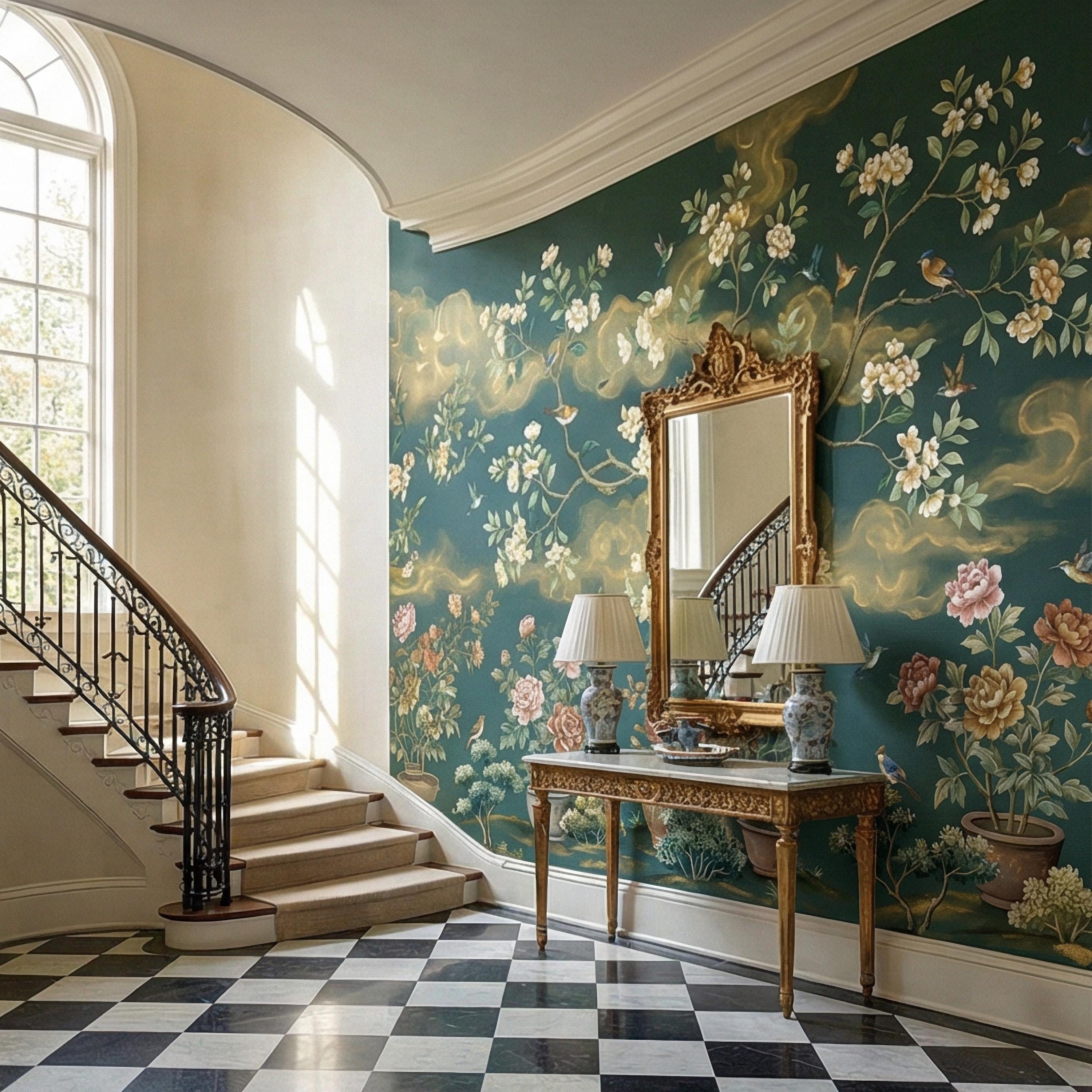 Vintage Emerald Green Chinoiserie Peel and Stick Wall Mural, Hand Painted Floral Bird Blossom Tree Garden Wallpaper