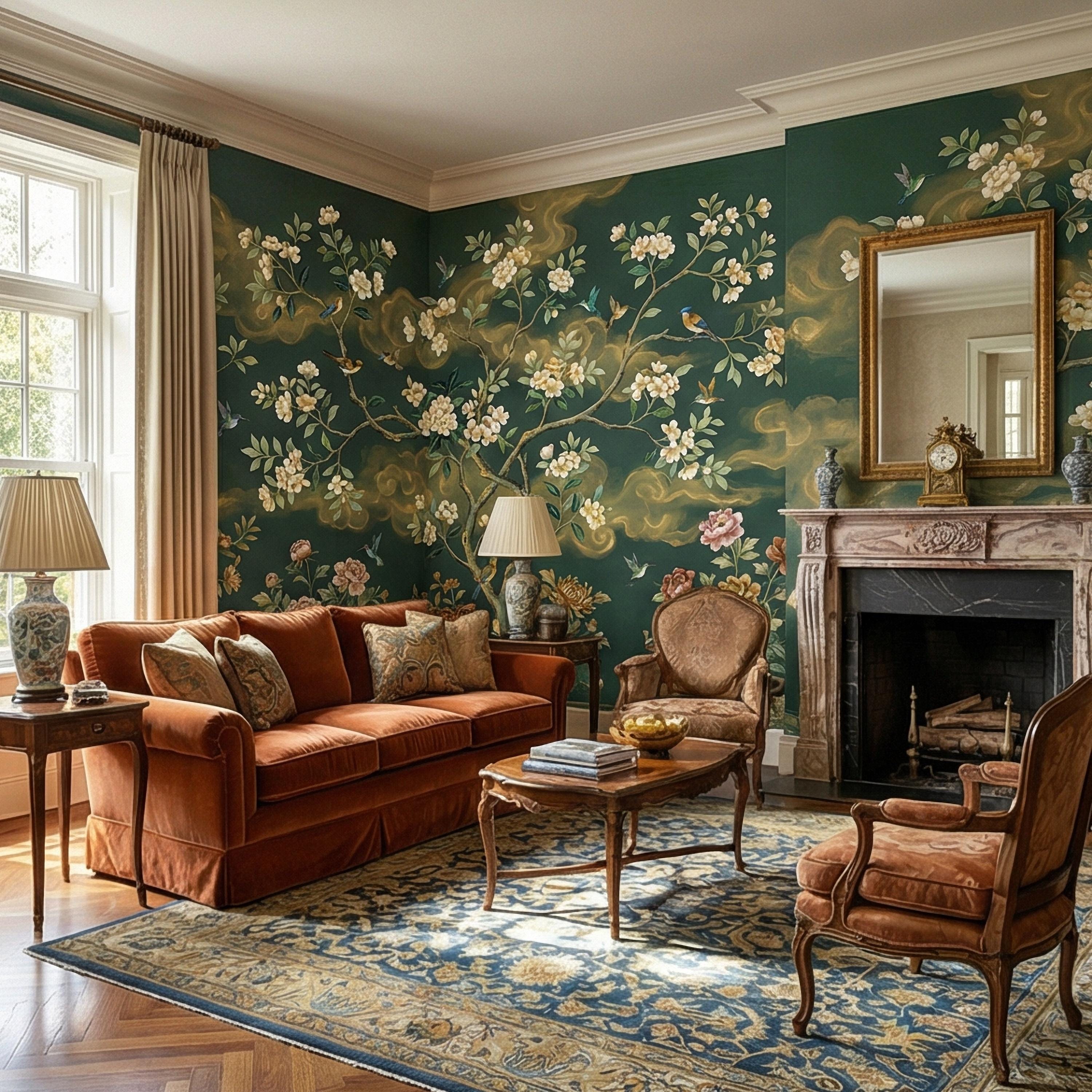 Vintage Emerald Green Chinoiserie Peel and Stick Wall Mural, Hand Painted Floral Bird Blossom Tree Garden Wallpaper