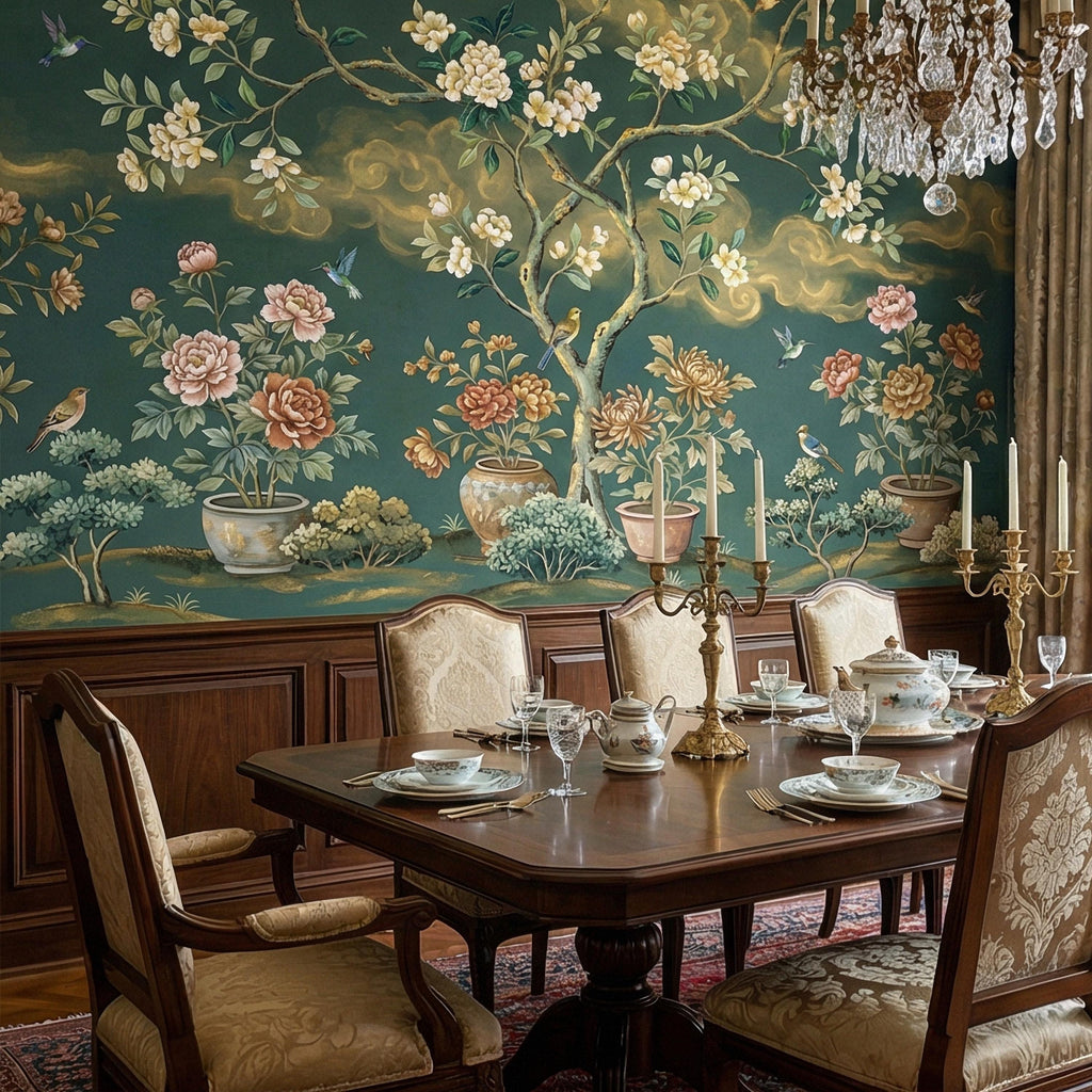 Vintage Emerald Green Chinoiserie Peel and Stick Wall Mural, Hand Painted Floral Bird Blossom Tree Garden Wallpaper