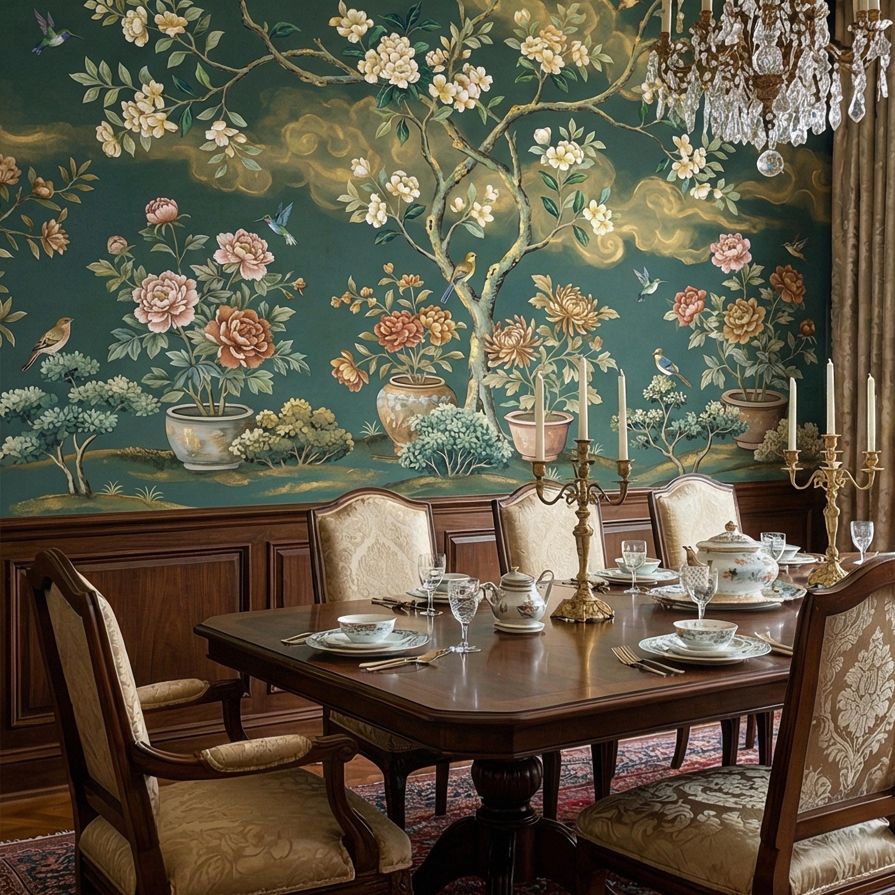 Vintage Emerald Green Chinoiserie Peel and Stick Wall Mural, Hand Painted Floral Bird Blossom Tree Garden Wallpaper