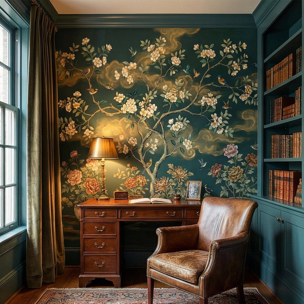 Vintage Emerald Green Chinoiserie Peel and Stick Wall Mural, Hand Painted Floral Bird Blossom Tree Garden Wallpaper