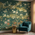Vintage Emerald Green Chinoiserie Peel and Stick Wall Mural, Hand Painted Floral Bird Blossom Tree Garden Wallpaper