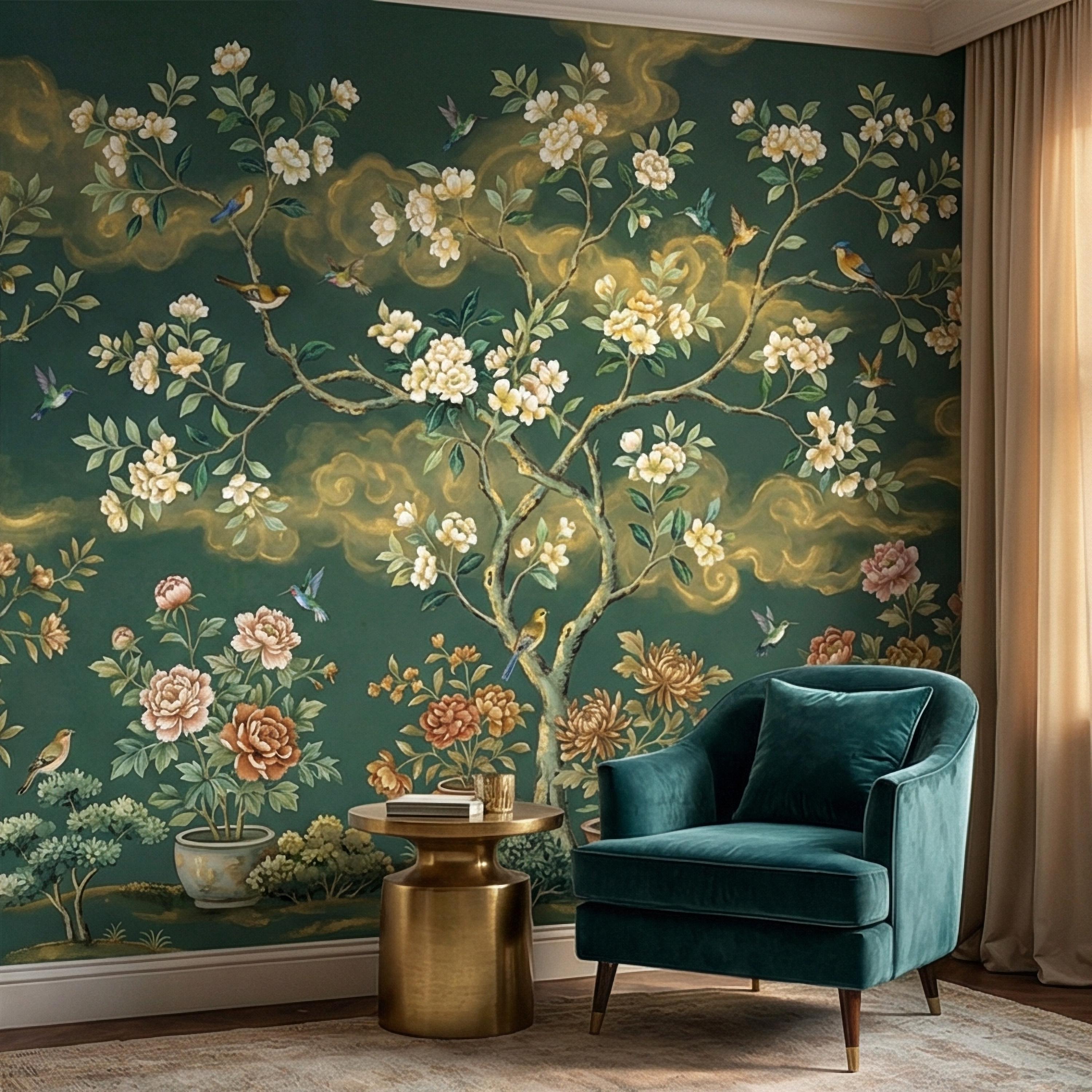 Vintage Emerald Green Chinoiserie Peel and Stick Wall Mural, Hand Painted Floral Bird Blossom Tree Garden Wallpaper