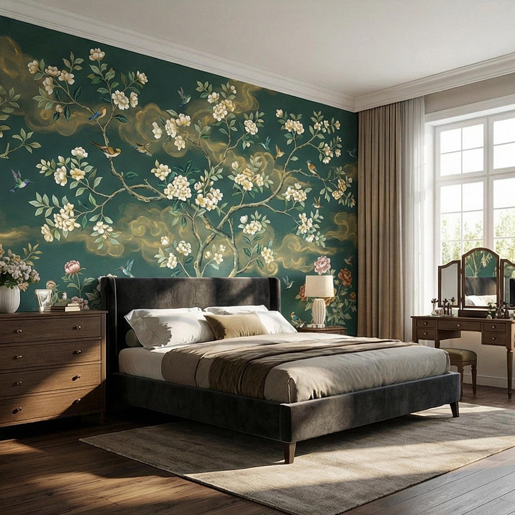 Vintage Emerald Green Chinoiserie Peel and Stick Wall Mural, Hand Painted Floral Bird Blossom Tree Garden Wallpaper