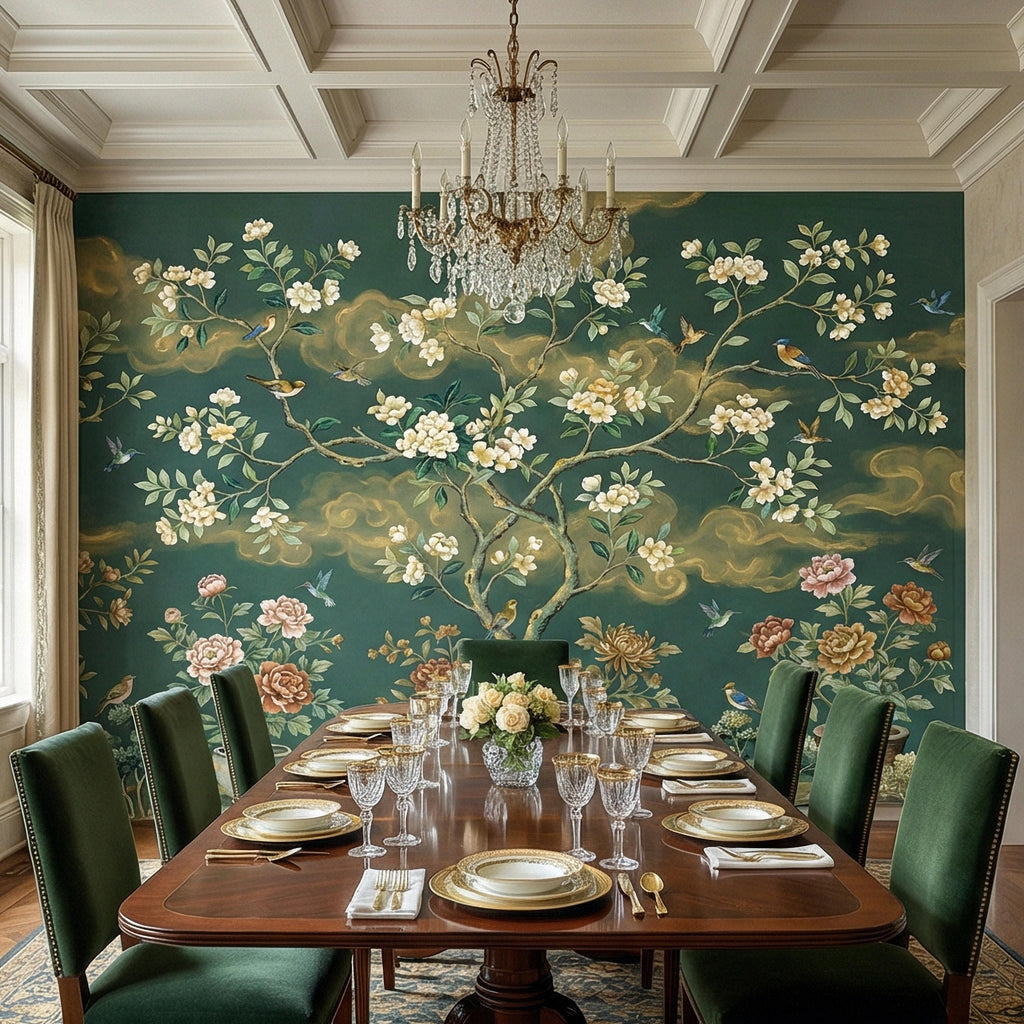 Vintage Emerald Green Chinoiserie Peel and Stick Wall Mural, Hand Painted Floral Bird Blossom Tree Garden Wallpaper