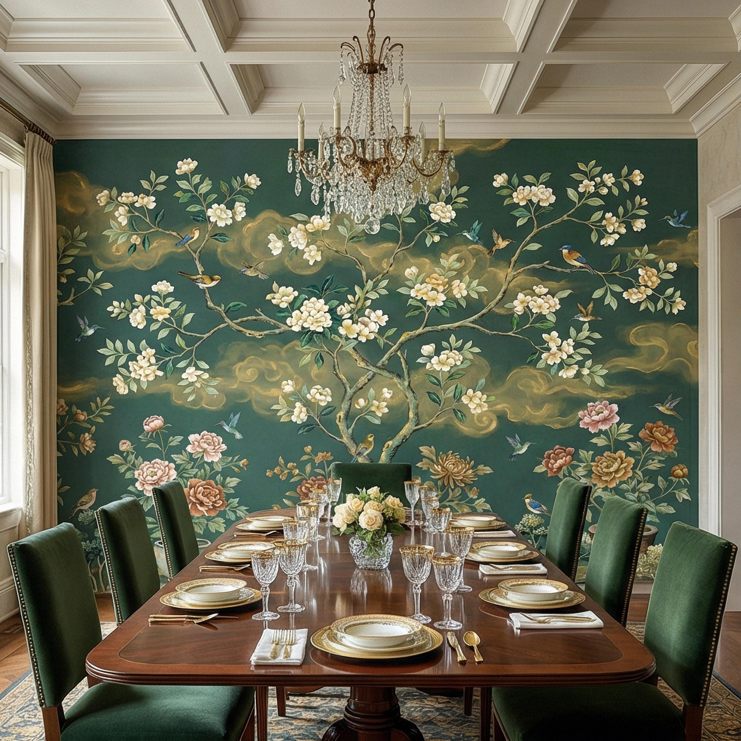 Vintage Emerald Green Chinoiserie Peel and Stick Wall Mural, Hand Painted Floral Bird Blossom Tree Garden Wallpaper