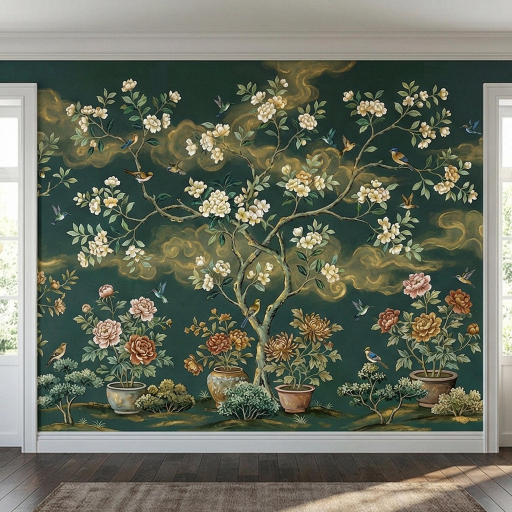 Vintage Emerald Green Chinoiserie Peel and Stick Wall Mural, Hand Painted Floral Bird Blossom Tree Garden Wallpaper
