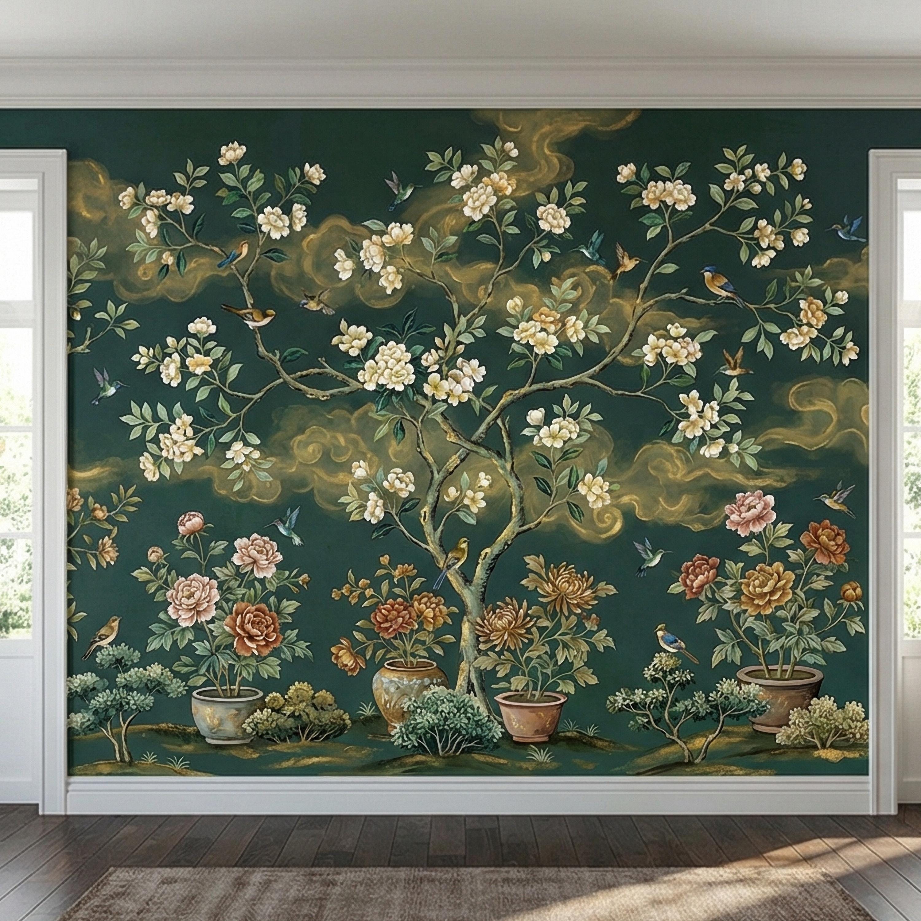 Vintage Emerald Green Chinoiserie Peel and Stick Wall Mural, Hand Painted Floral Bird Blossom Tree Garden Wallpaper
