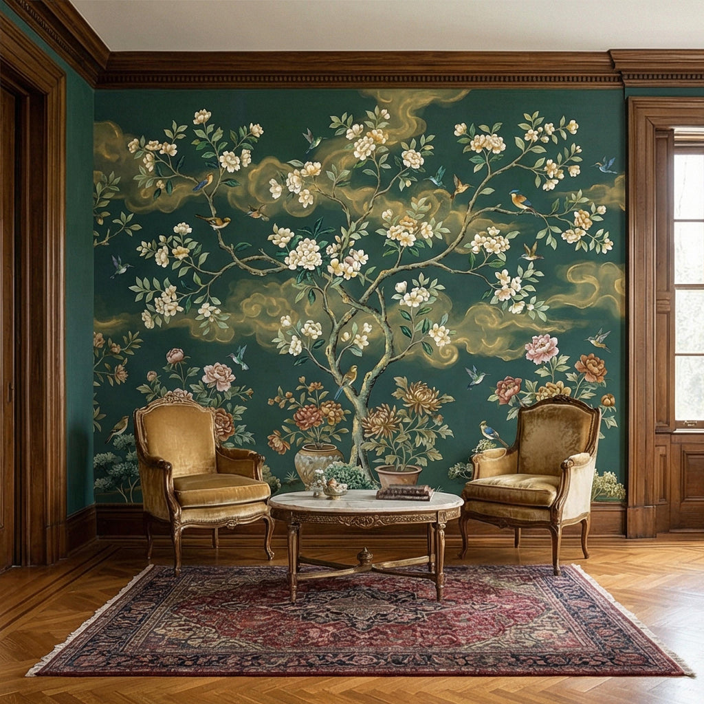 Vintage Emerald Green Chinoiserie Peel and Stick Wall Mural, Hand Painted Floral Bird Blossom Tree Garden Wallpaper