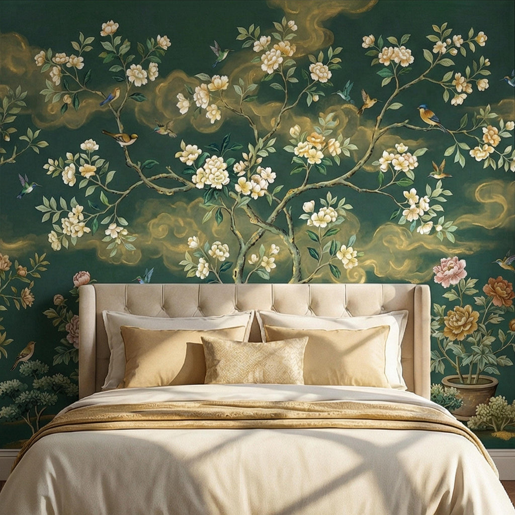 Vintage Emerald Green Chinoiserie Peel and Stick Wall Mural, Hand Painted Floral Bird Blossom Tree Garden Wallpaper
