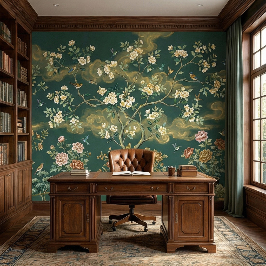 Vintage Emerald Green Chinoiserie Peel and Stick Wall Mural, Hand Painted Floral Bird Blossom Tree Garden Wallpaper