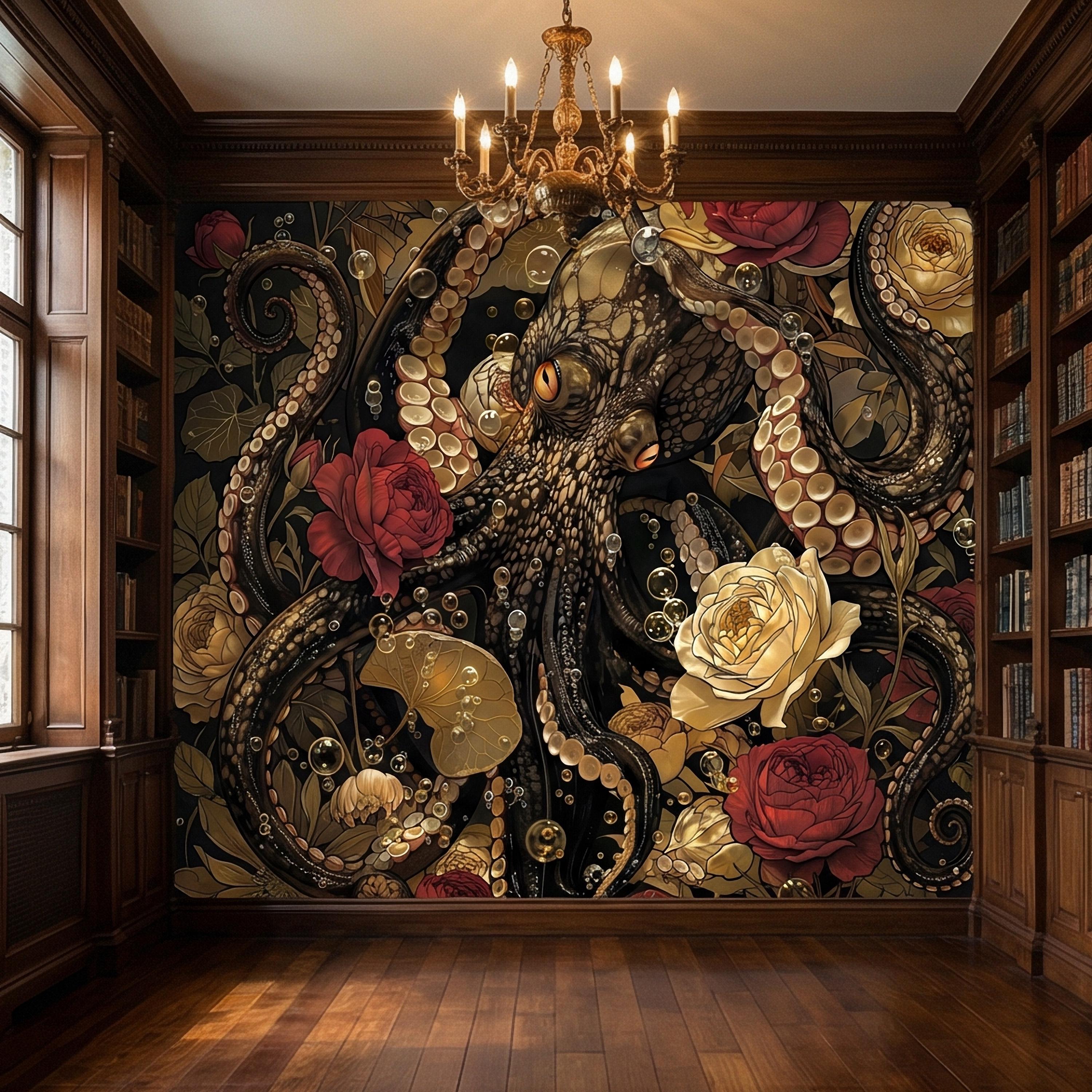 Dark Floral Octopus Peel and Stick Wall Mural, Gothic Art Nouveau Sea Life Maximalist Botanical Rose Wallpaper
