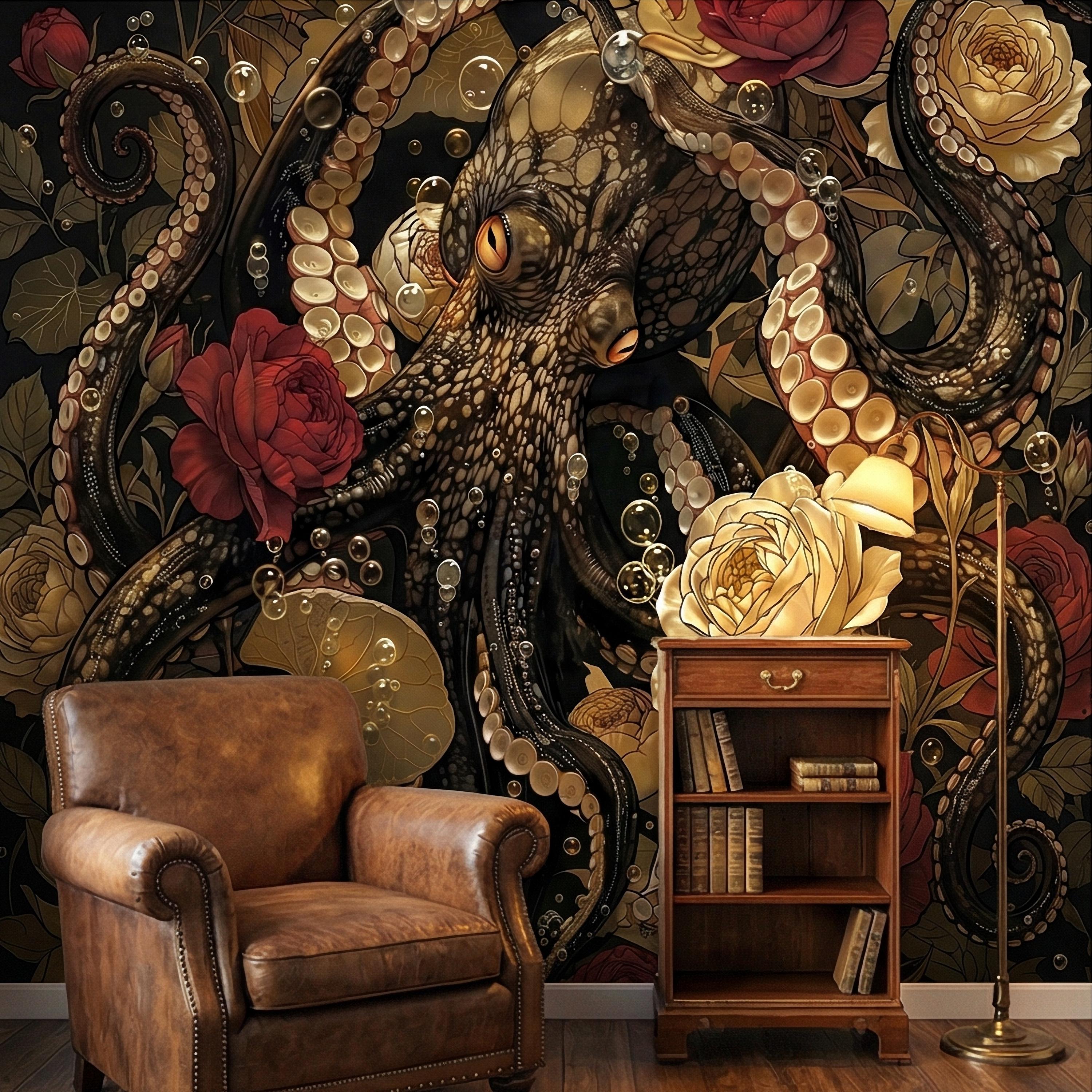 Dark Floral Octopus Peel and Stick Wall Mural, Gothic Art Nouveau Sea Life Maximalist Botanical Rose Wallpaper