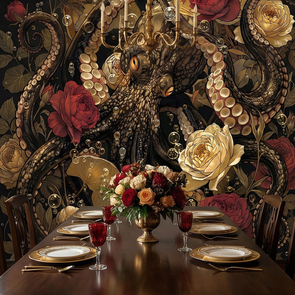 Dark Floral Octopus Peel and Stick Wall Mural, Gothic Art Nouveau Sea Life Maximalist Botanical Rose Wallpaper