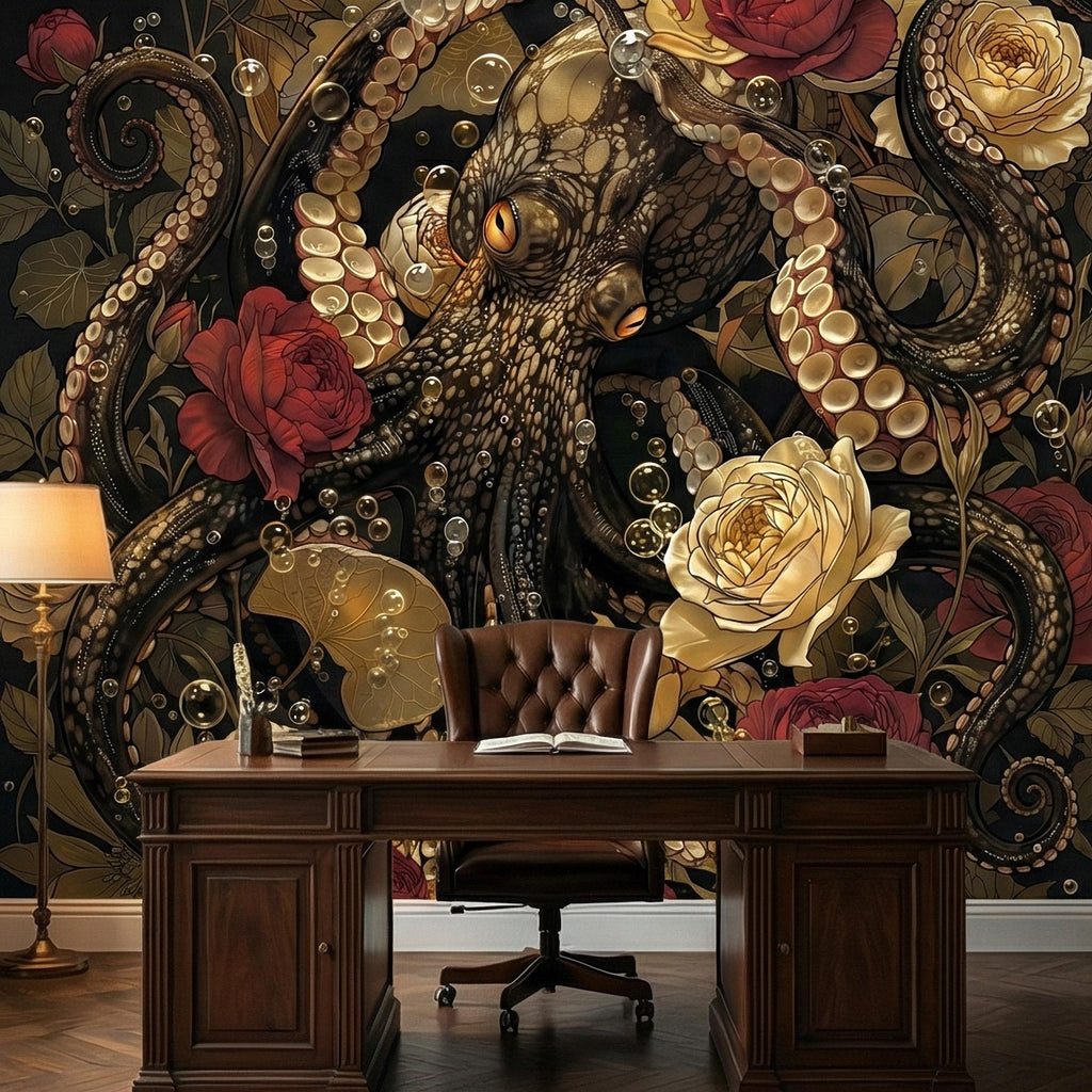 Dark Floral Octopus Peel and Stick Wall Mural, Gothic Art Nouveau Sea Life Maximalist Botanical Rose Wallpaper