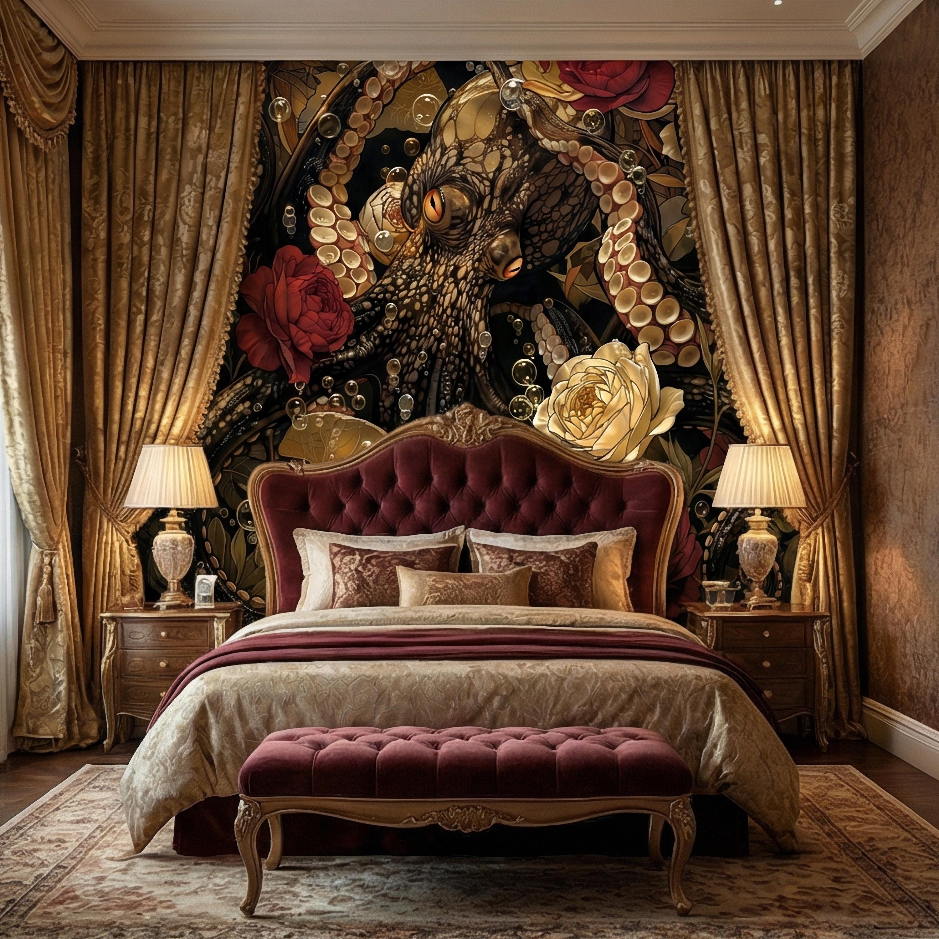 Dark Floral Octopus Peel and Stick Wall Mural, Gothic Art Nouveau Sea Life Maximalist Botanical Rose Wallpaper