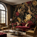 Dark Floral Octopus Peel and Stick Wall Mural, Gothic Art Nouveau Sea Life Maximalist Botanical Rose Wallpaper