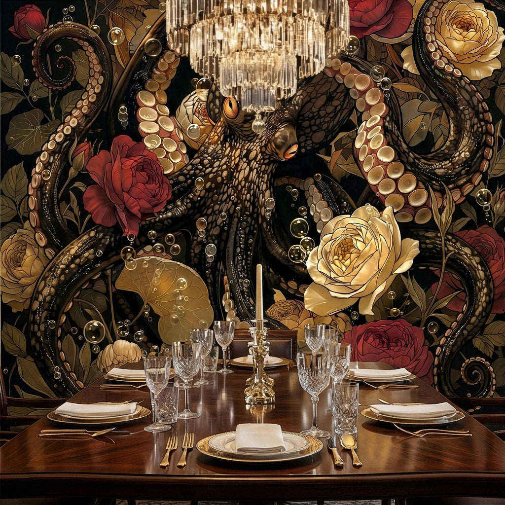 Dark Floral Octopus Peel and Stick Wall Mural, Gothic Art Nouveau Sea Life Maximalist Botanical Rose Wallpaper