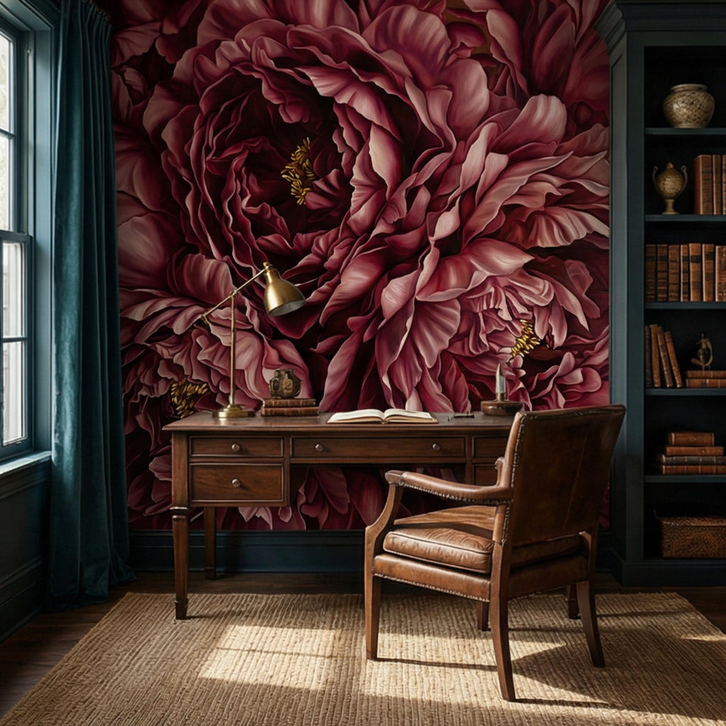 Burgundy Peony Peel and Stick Wall Mural, Dark Romantic Floral Wallpaper, Moody Wine Red Statement Wall Decor