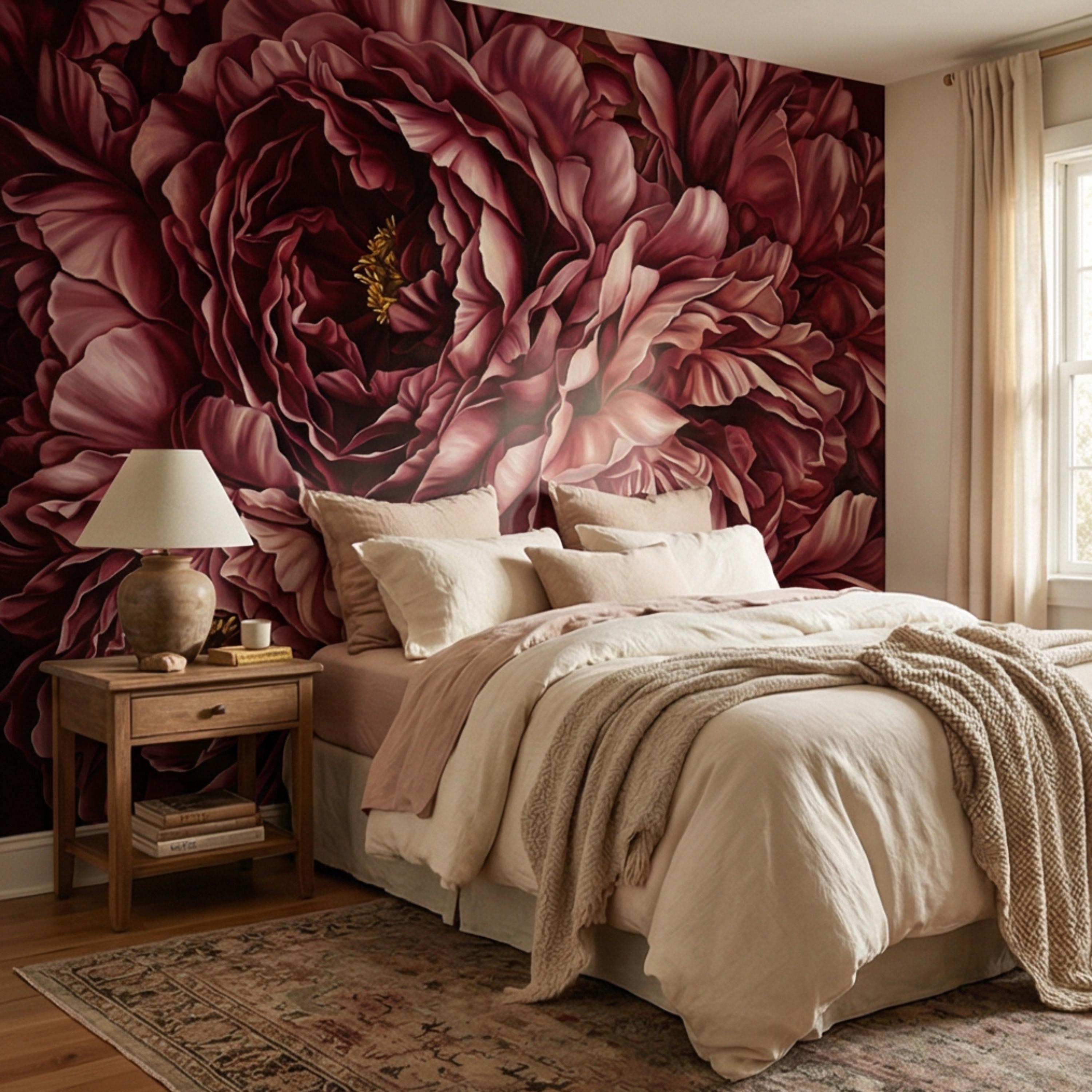 Burgundy Peony Peel and Stick Wall Mural, Dark Romantic Floral Wallpaper, Moody Wine Red Statement Wall Decor