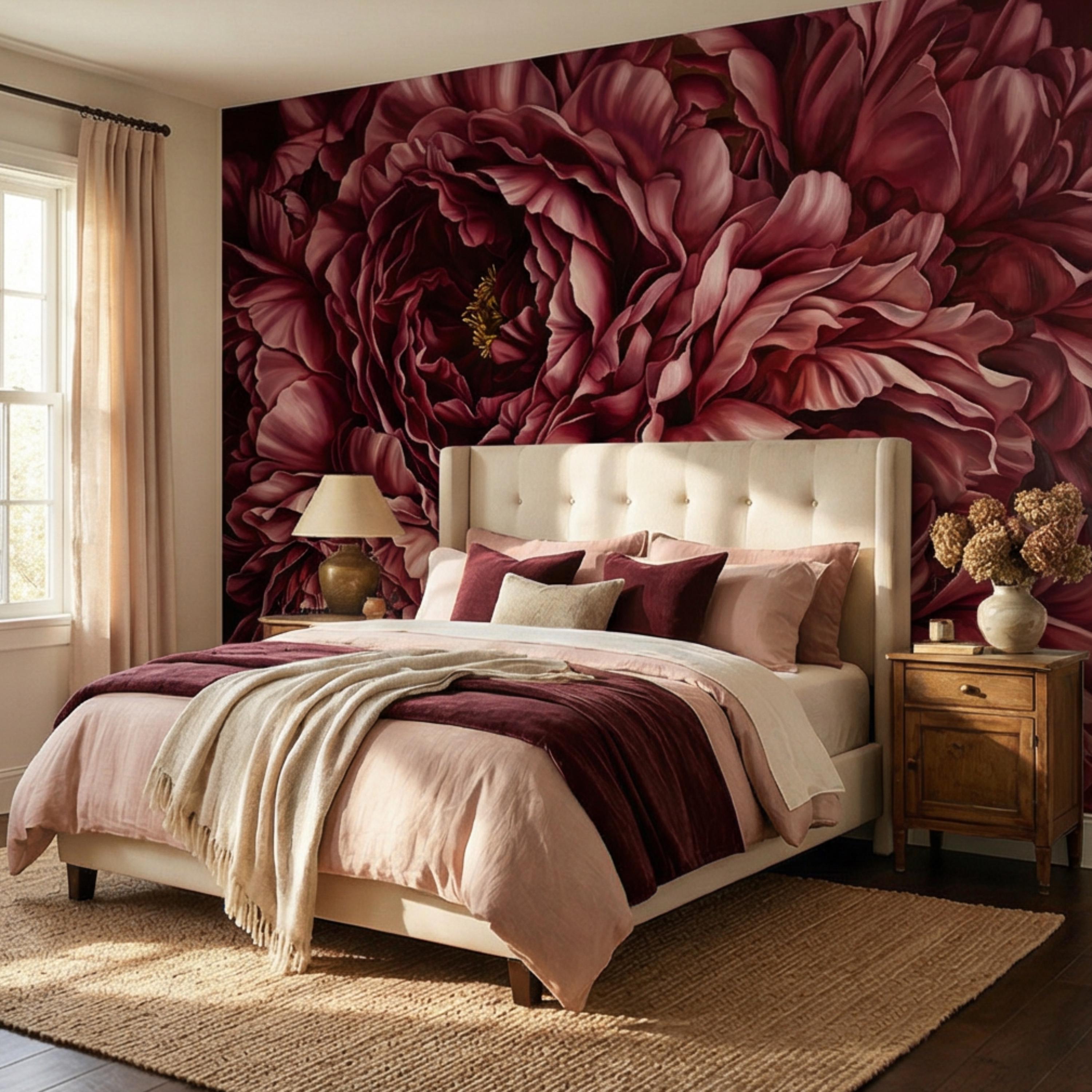 Burgundy Peony Peel and Stick Wall Mural, Dark Romantic Floral Wallpaper, Moody Wine Red Statement Wall Decor