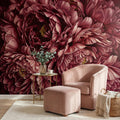 Burgundy Peony Peel and Stick Wall Mural, Dark Romantic Floral Wallpaper, Moody Wine Red Statement Wall Decor