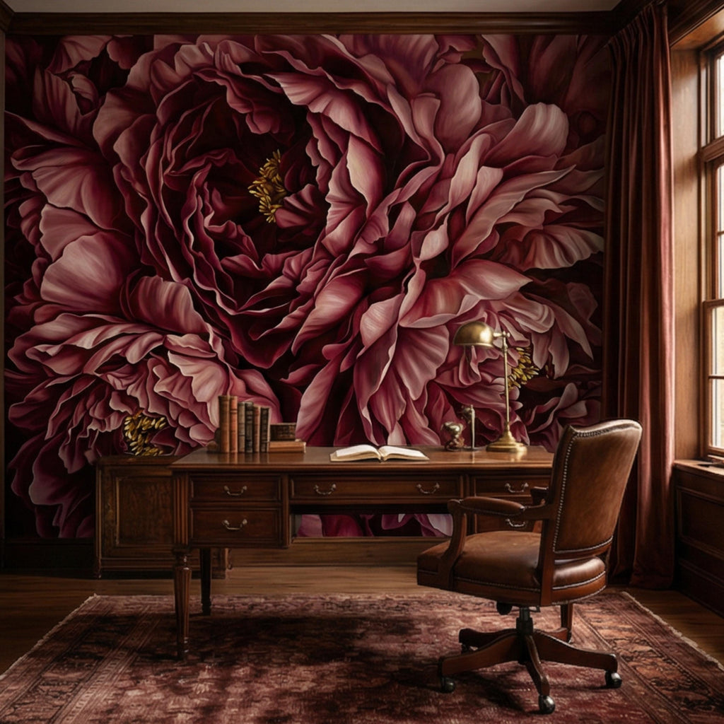 Burgundy Peony Peel and Stick Wall Mural, Dark Romantic Floral Wallpaper, Moody Wine Red Statement Wall Decor
