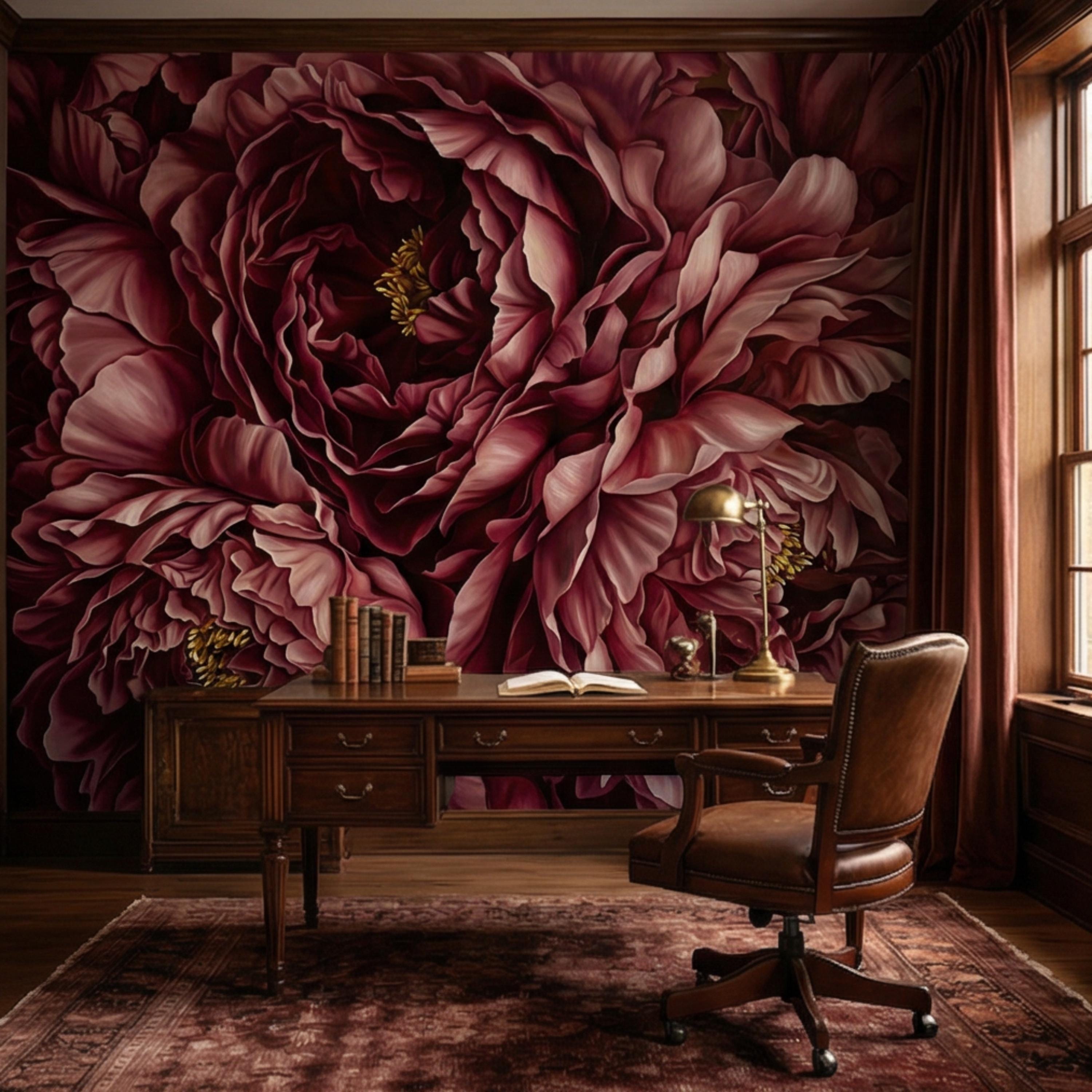 Burgundy Peony Peel and Stick Wall Mural, Dark Romantic Floral Wallpaper, Moody Wine Red Statement Wall Decor