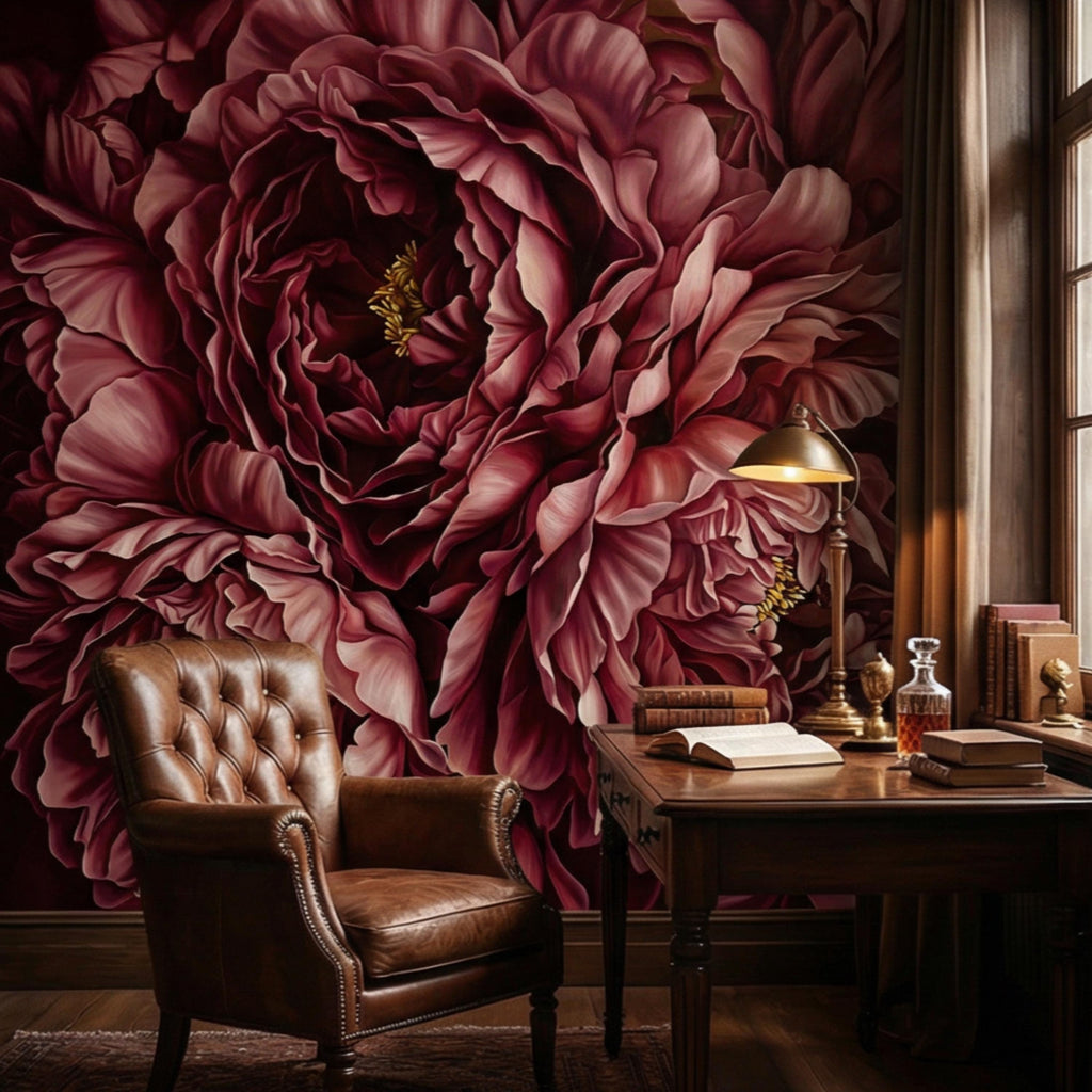 Burgundy Peony Peel and Stick Wall Mural, Dark Romantic Floral Wallpaper, Moody Wine Red Statement Wall Decor