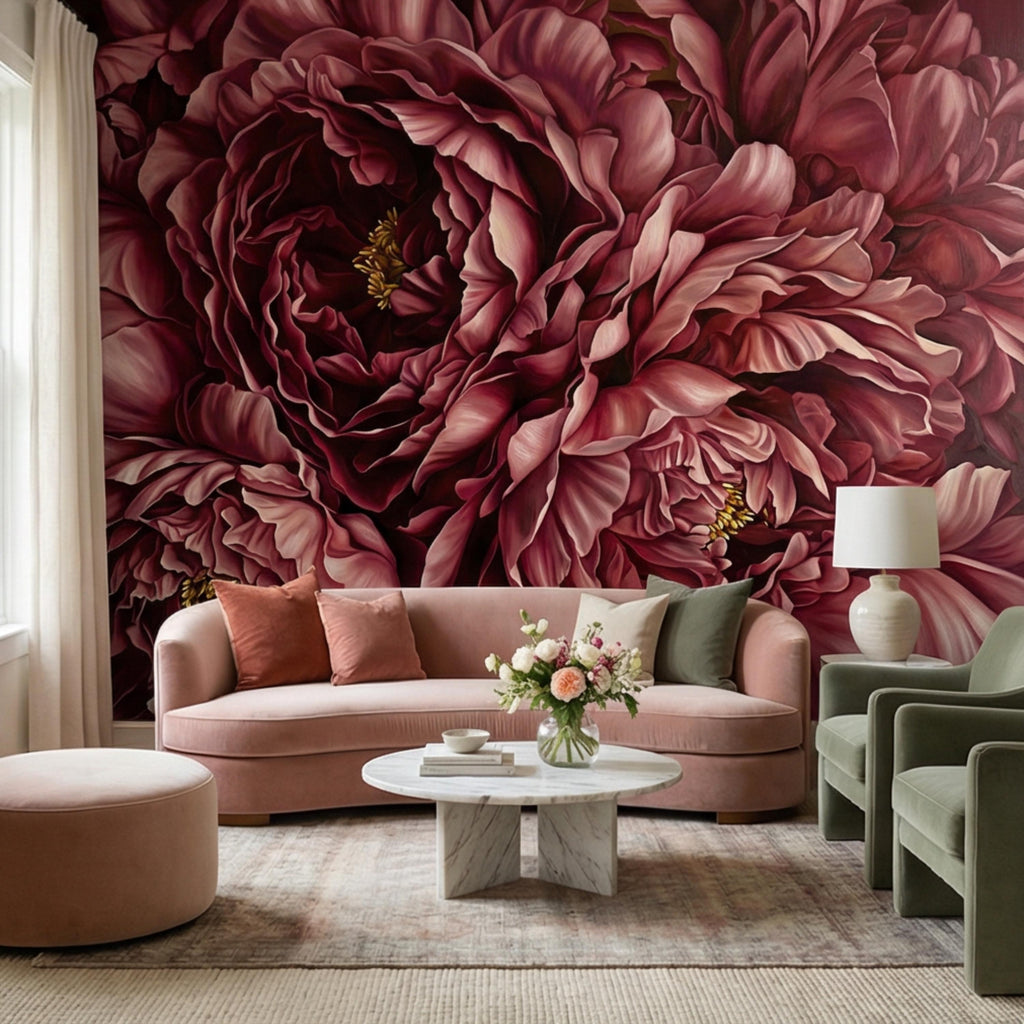 Burgundy Peony Peel and Stick Wall Mural, Dark Romantic Floral Wallpaper, Moody Wine Red Statement Wall Decor