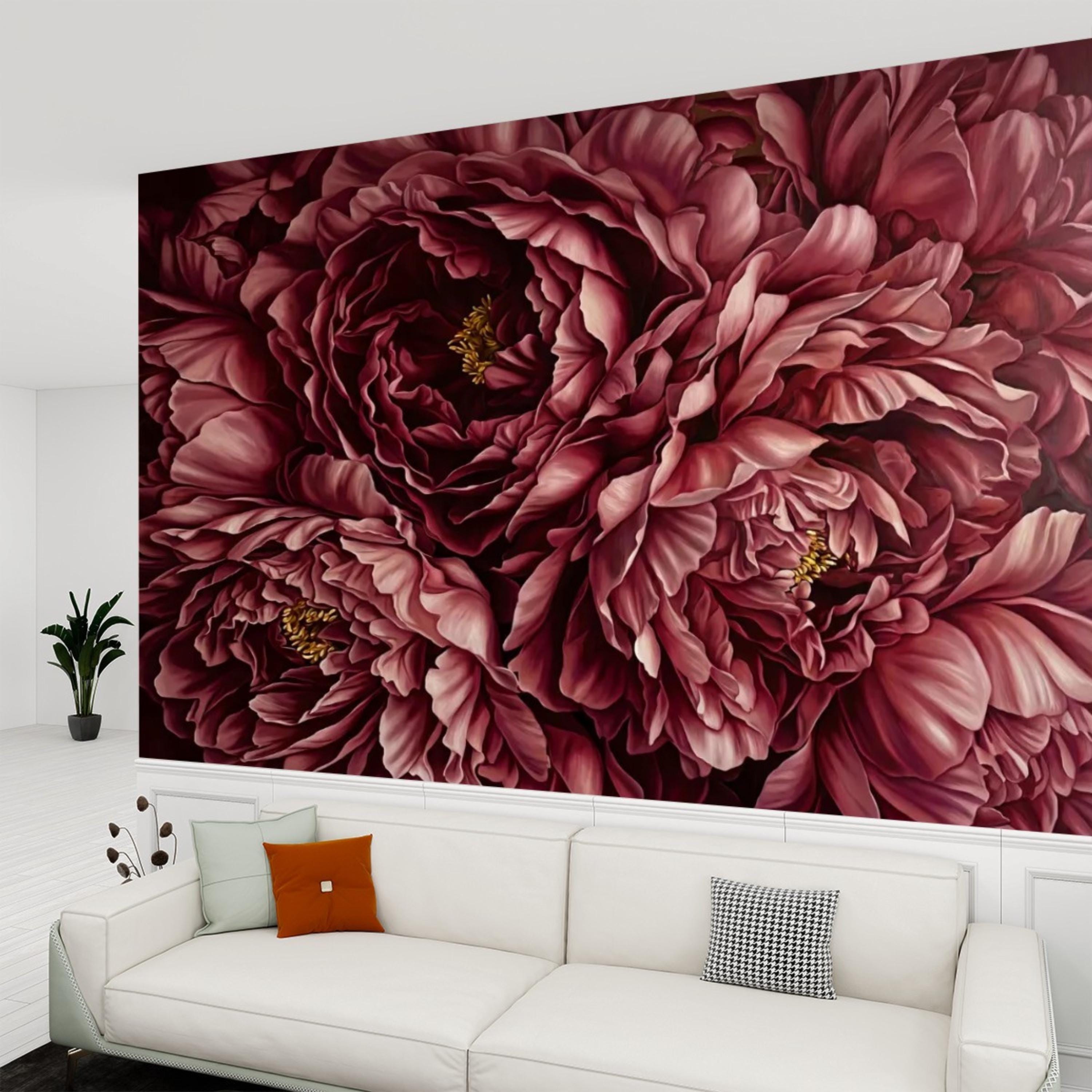 Burgundy Peony Peel and Stick Wall Mural, Dark Romantic Floral Wallpaper, Moody Wine Red Statement Wall Decor