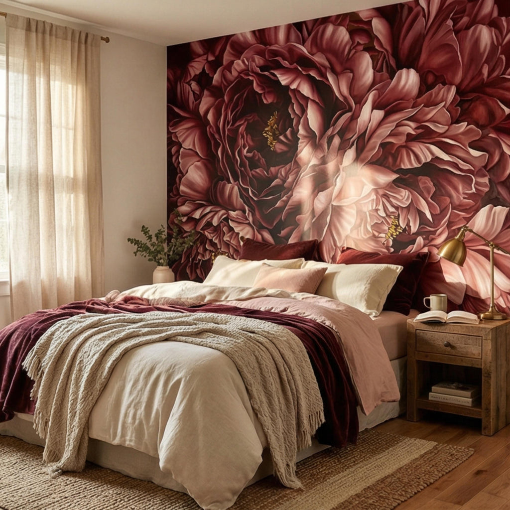 Burgundy Peony Peel and Stick Wall Mural, Dark Romantic Floral Wallpaper, Moody Wine Red Statement Wall Decor