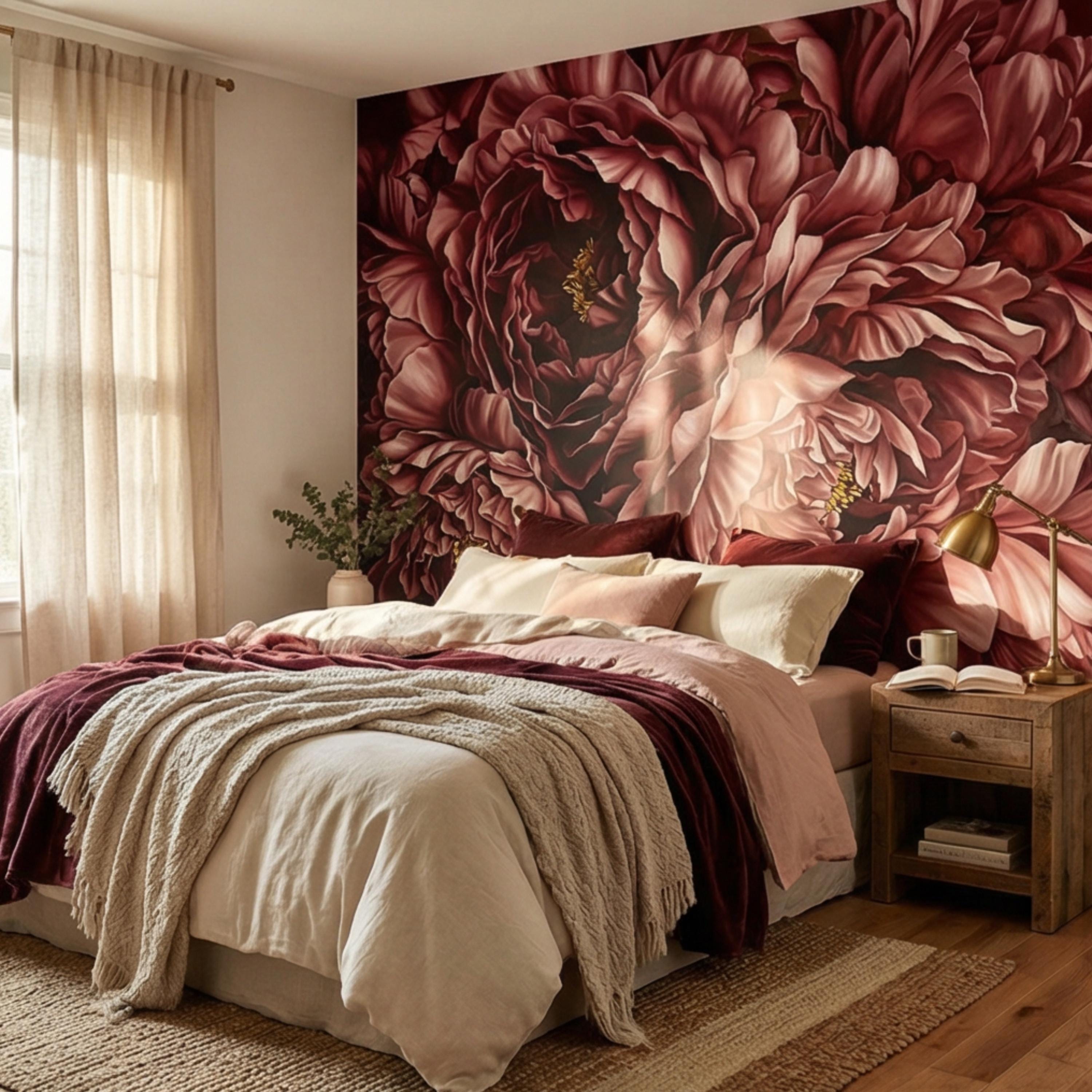 Burgundy Peony Peel and Stick Wall Mural, Dark Romantic Floral Wallpaper, Moody Wine Red Statement Wall Decor