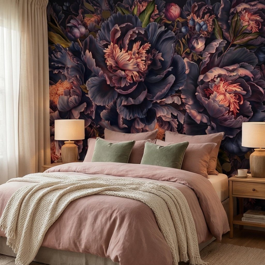 Midnight Indigo Peony Peel and Stick Wall Mural, Dark Romantic Floral Wallpaper, Oversized Moody Statement Wall Decor