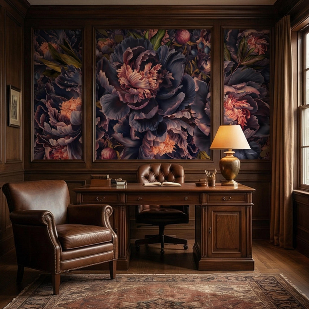 Midnight Indigo Peony Peel and Stick Wall Mural, Dark Romantic Floral Wallpaper, Oversized Moody Statement Wall Decor