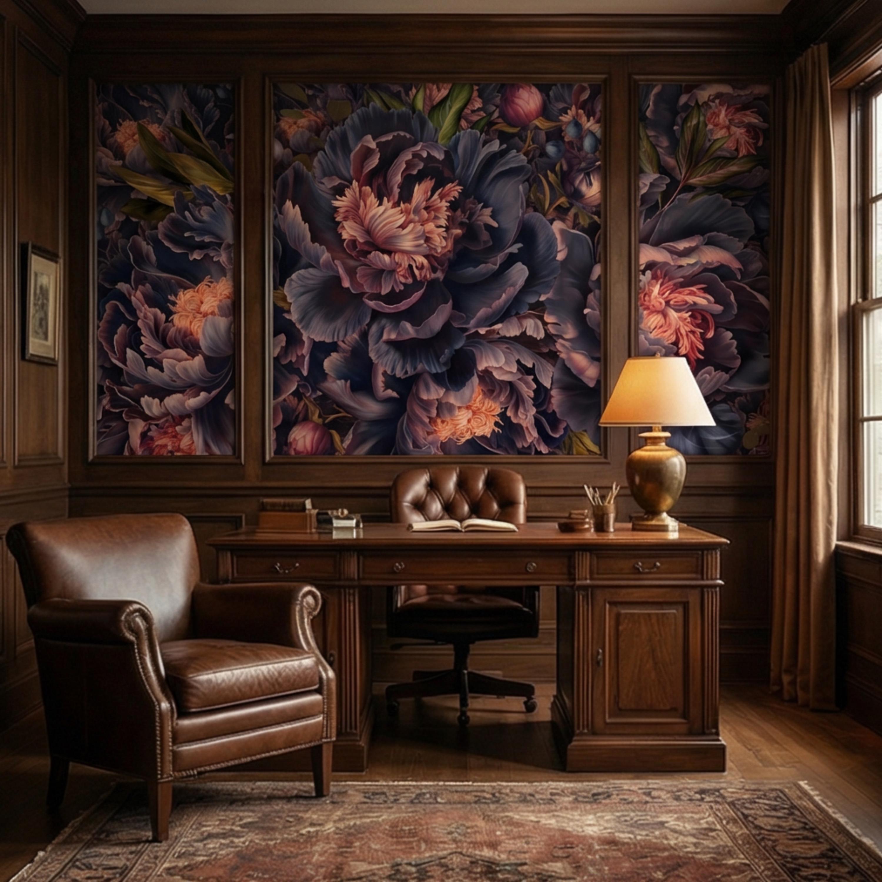 Midnight Indigo Peony Peel and Stick Wall Mural, Dark Romantic Floral Wallpaper, Oversized Moody Statement Wall Decor