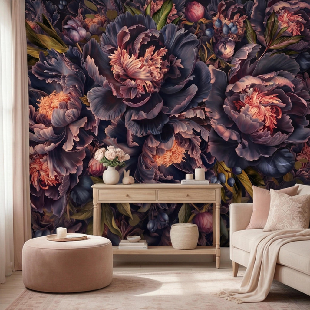 Midnight Indigo Peony Peel and Stick Wall Mural, Dark Romantic Floral Wallpaper, Oversized Moody Statement Wall Decor