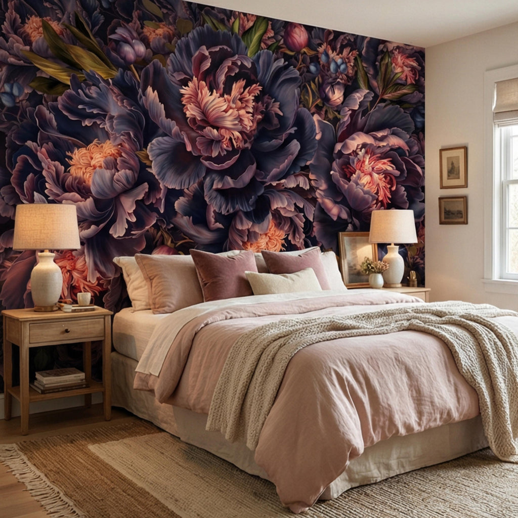 Midnight Indigo Peony Peel and Stick Wall Mural, Dark Romantic Floral Wallpaper, Oversized Moody Statement Wall Decor