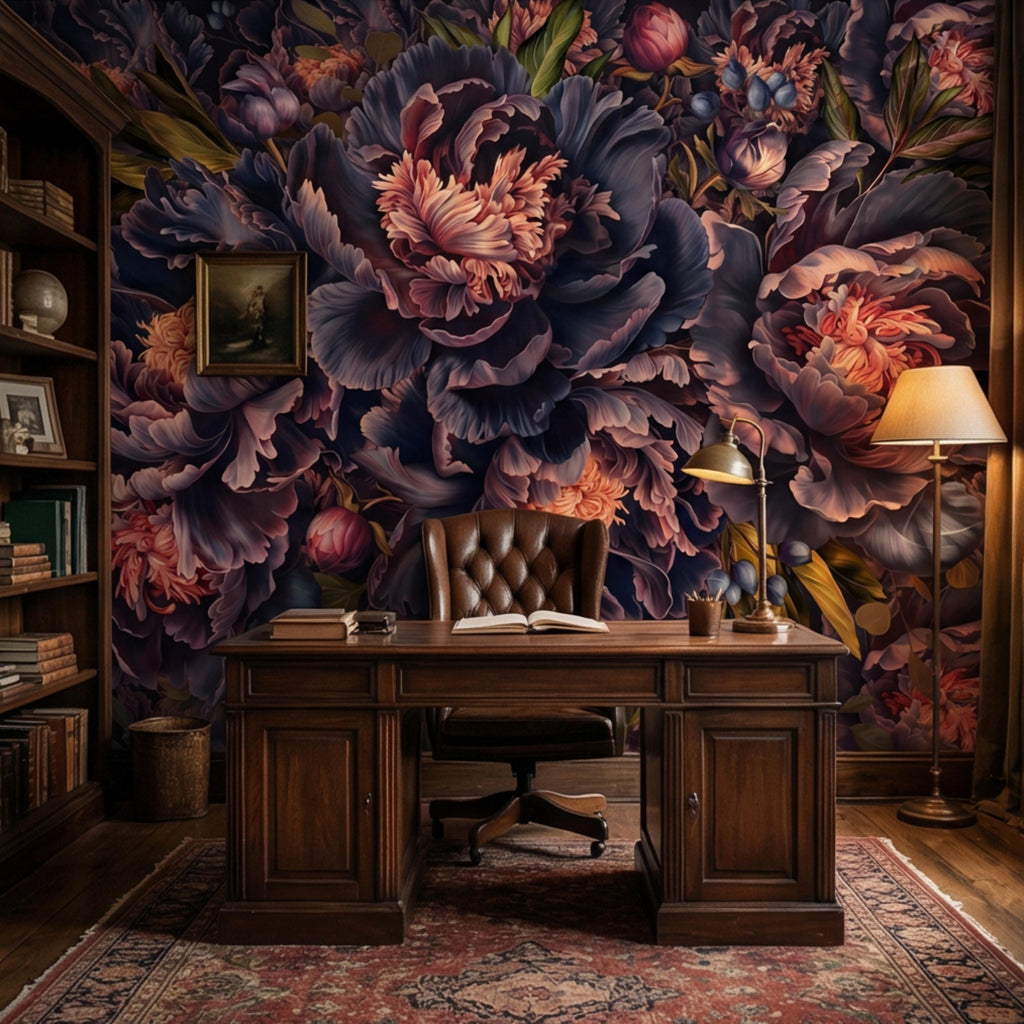 Midnight Indigo Peony Peel and Stick Wall Mural, Dark Romantic Floral Wallpaper, Oversized Moody Statement Wall Decor