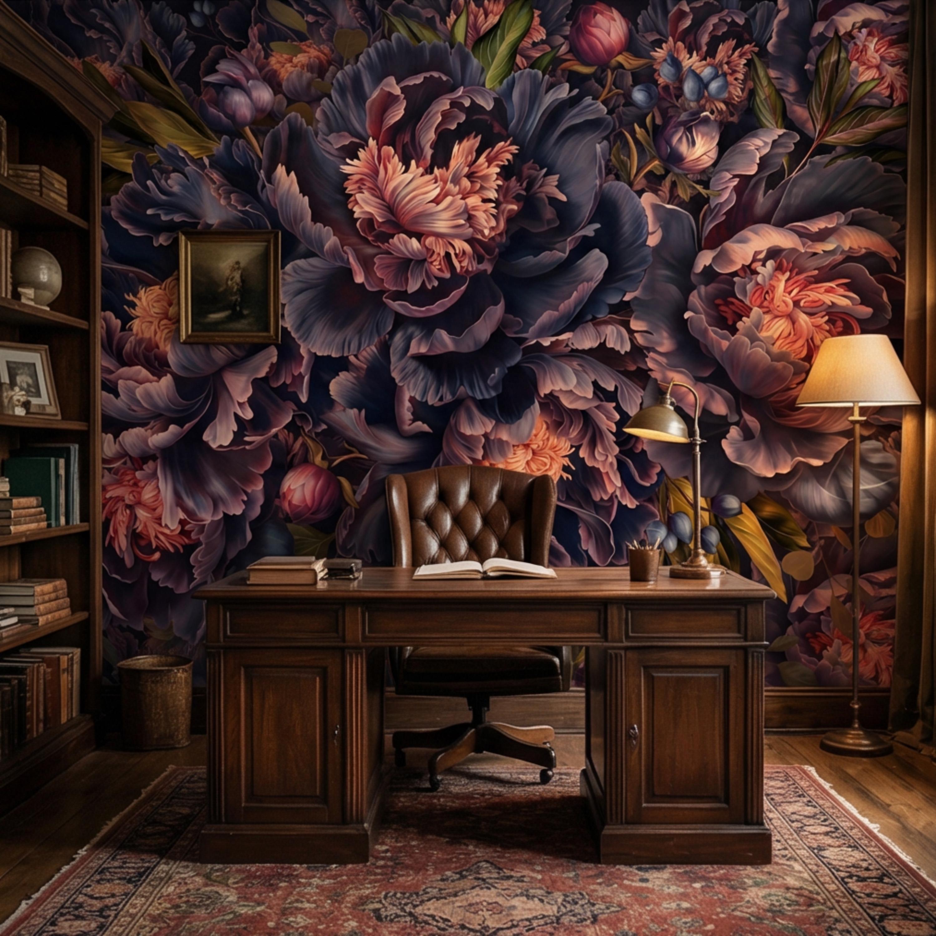 Midnight Indigo Peony Peel and Stick Wall Mural, Dark Romantic Floral Wallpaper, Oversized Moody Statement Wall Decor