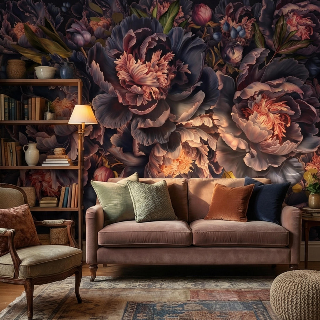 Midnight Indigo Peony Peel and Stick Wall Mural, Dark Romantic Floral Wallpaper, Oversized Moody Statement Wall Decor