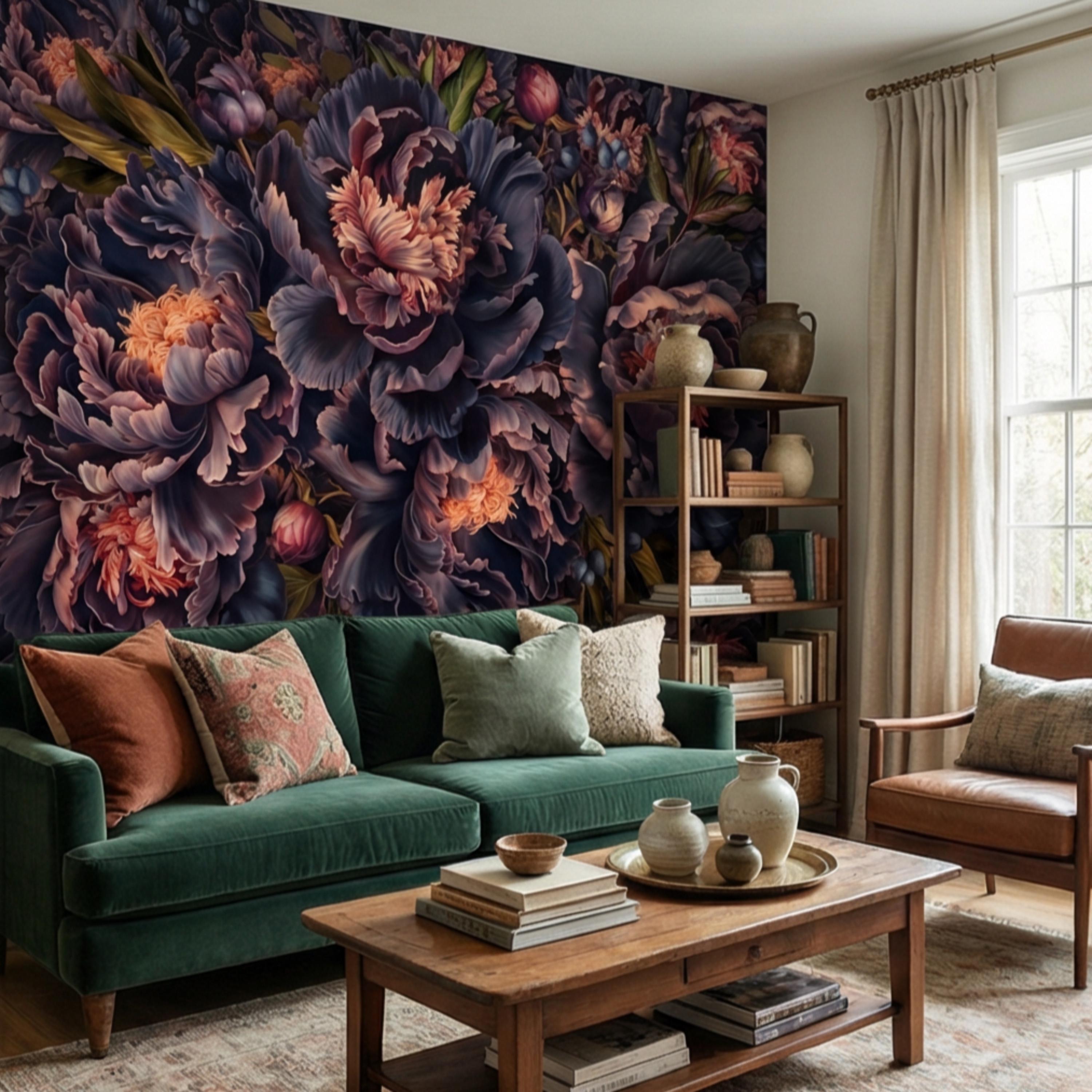 Midnight Indigo Peony Peel and Stick Wall Mural, Dark Romantic Floral Wallpaper, Oversized Moody Statement Wall Decor