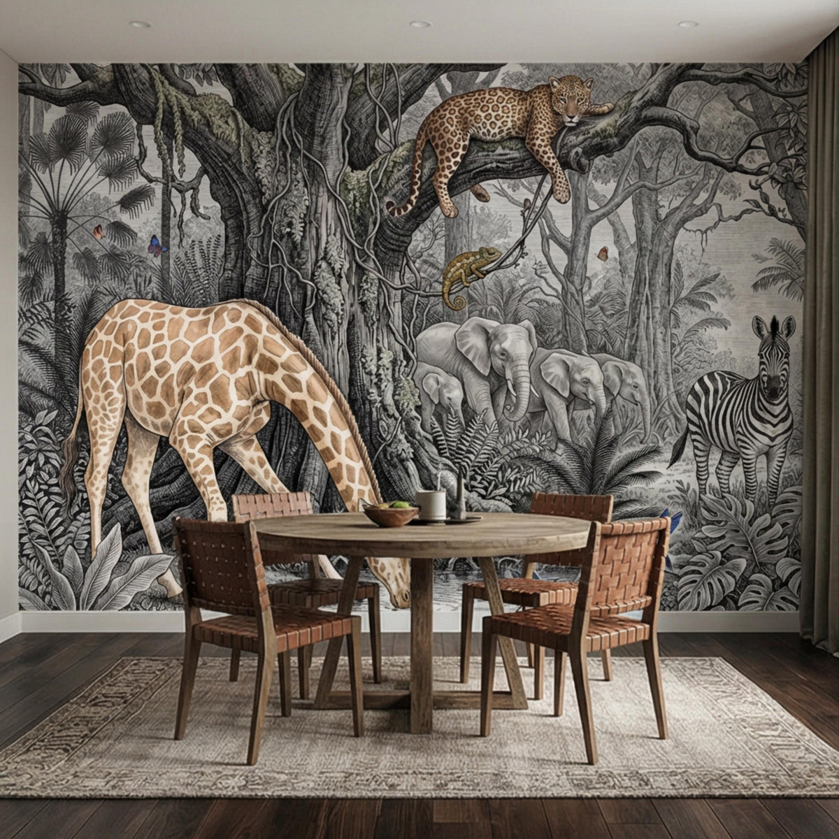 Safari jungle animal wall mural with giraffe, elephants, and zebra amid jungle foliage