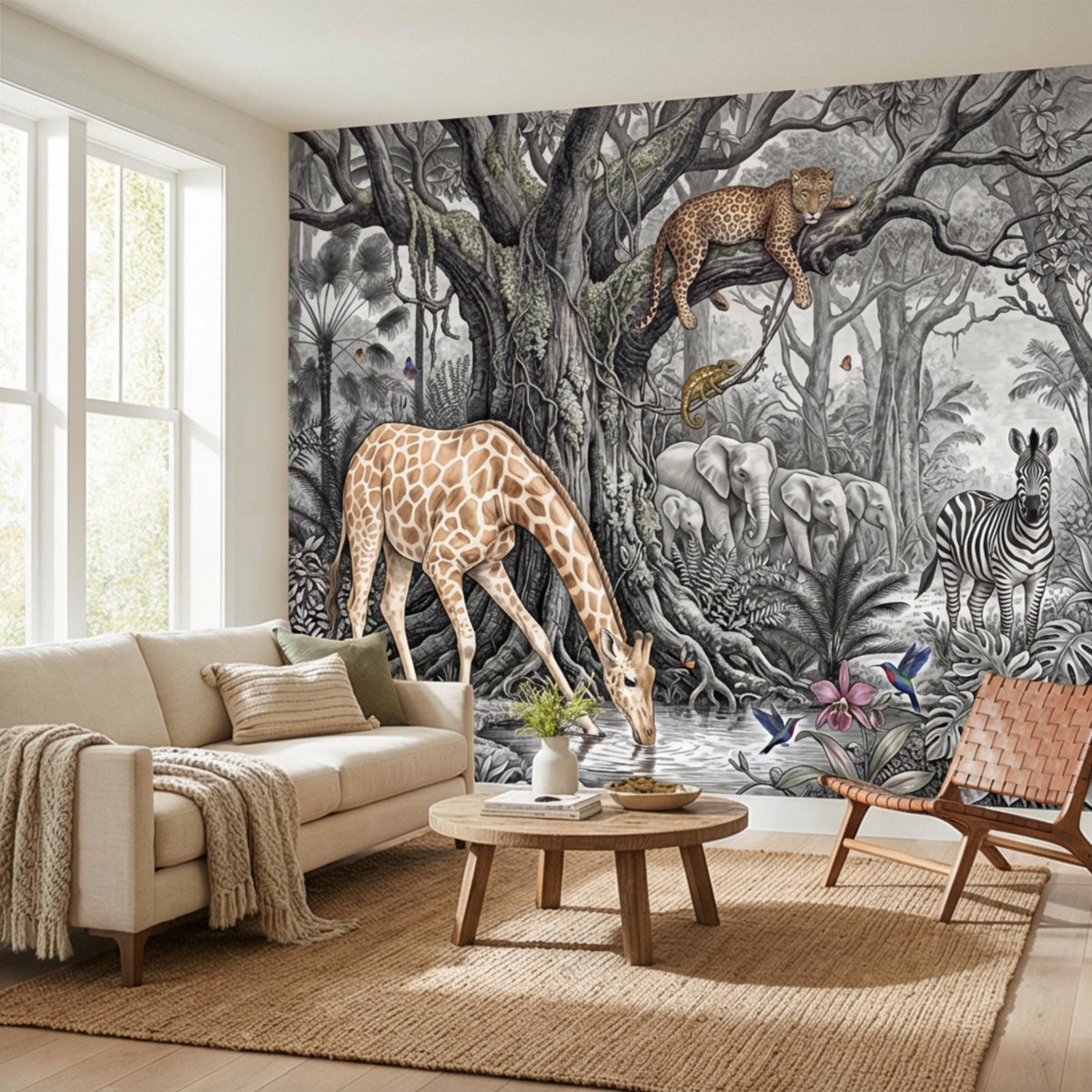 Safari jungle animal wall mural with giraffe, elephants, and zebra in gray tones