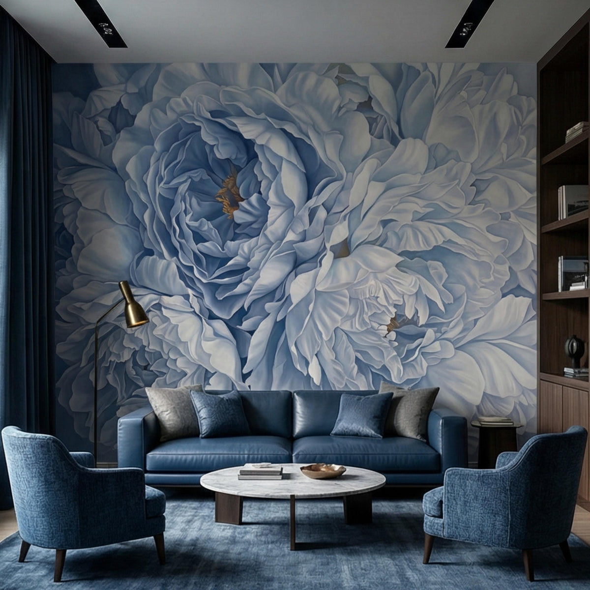 Blue peony floral wall mural behind a sofa with dark blue accent chairs
