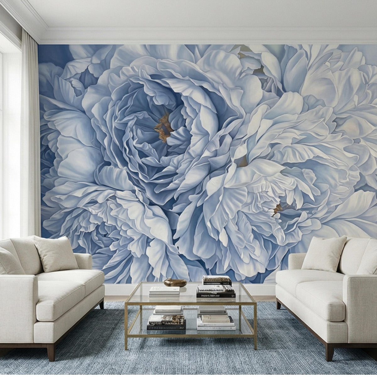 Blue and white peony floral wall mural with large swirling flower details