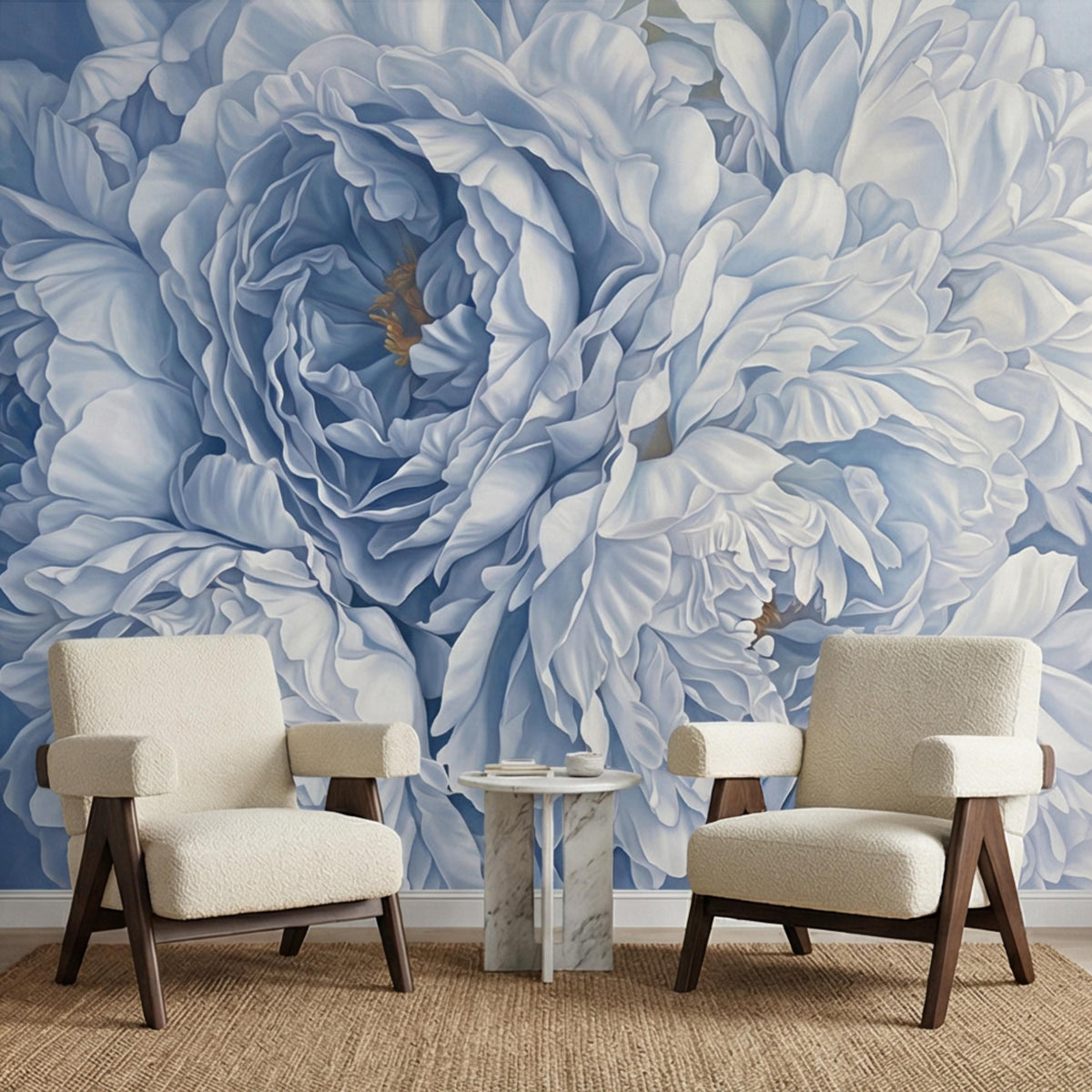 Close-up blue and white peony floral wall mural with swirling blossom design