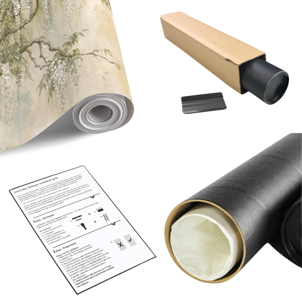 White Wisteria Peel and Stick Wall Mural, Hand Painted Botanical Fresco, Soft Sage Beige Floral Wallpaper