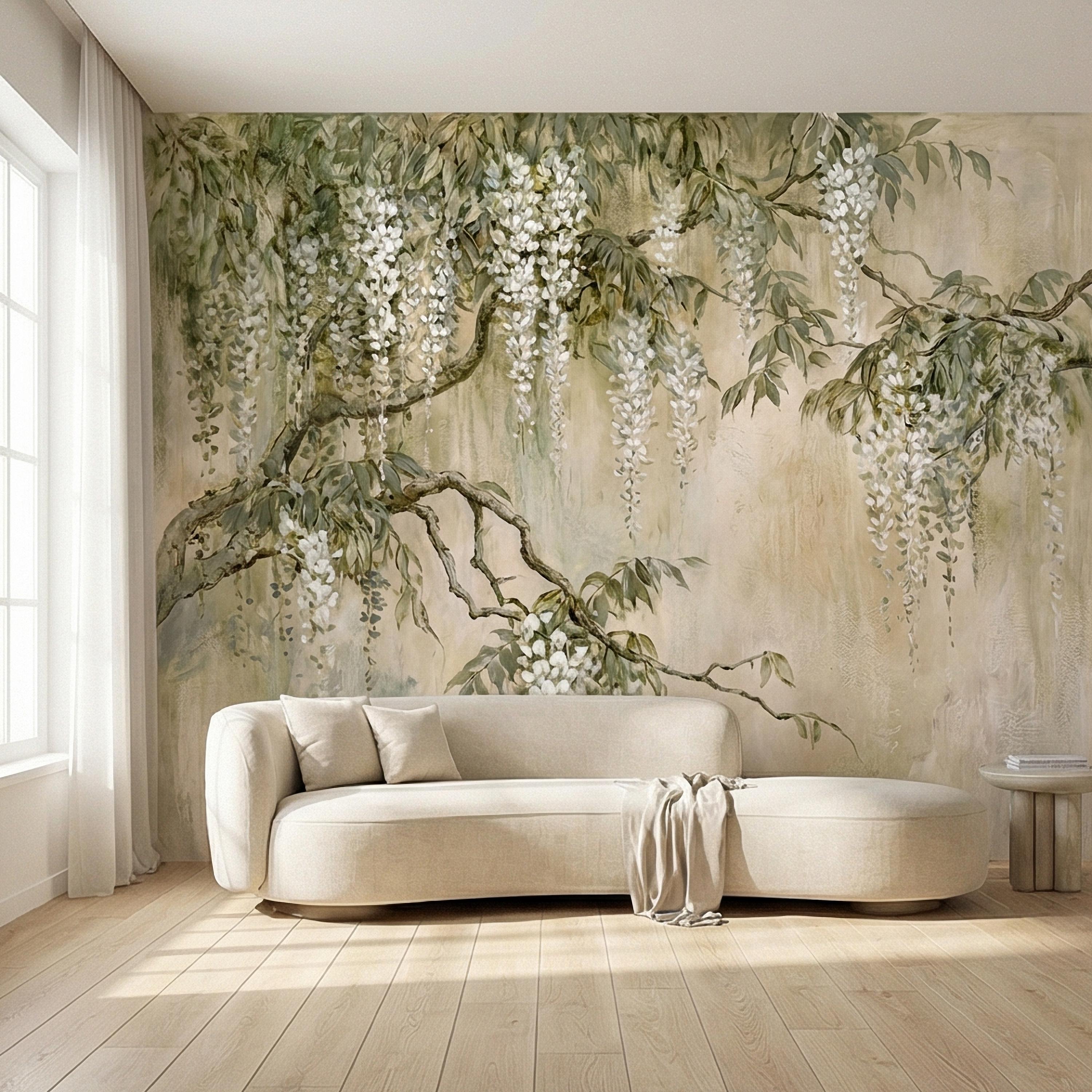 White Wisteria Peel and Stick Wall Mural, Hand Painted Botanical Fresco, Soft Sage Beige Floral Wallpaper